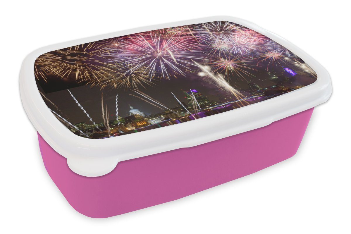 MuchoWow Lunchbox Feuerwerk in London zu Silvester, Kunststoff, (2-tlg), Brotbox für Erwachsene, Brotdose Kinder, Snackbox, Mädchen, Kunststoff rosa