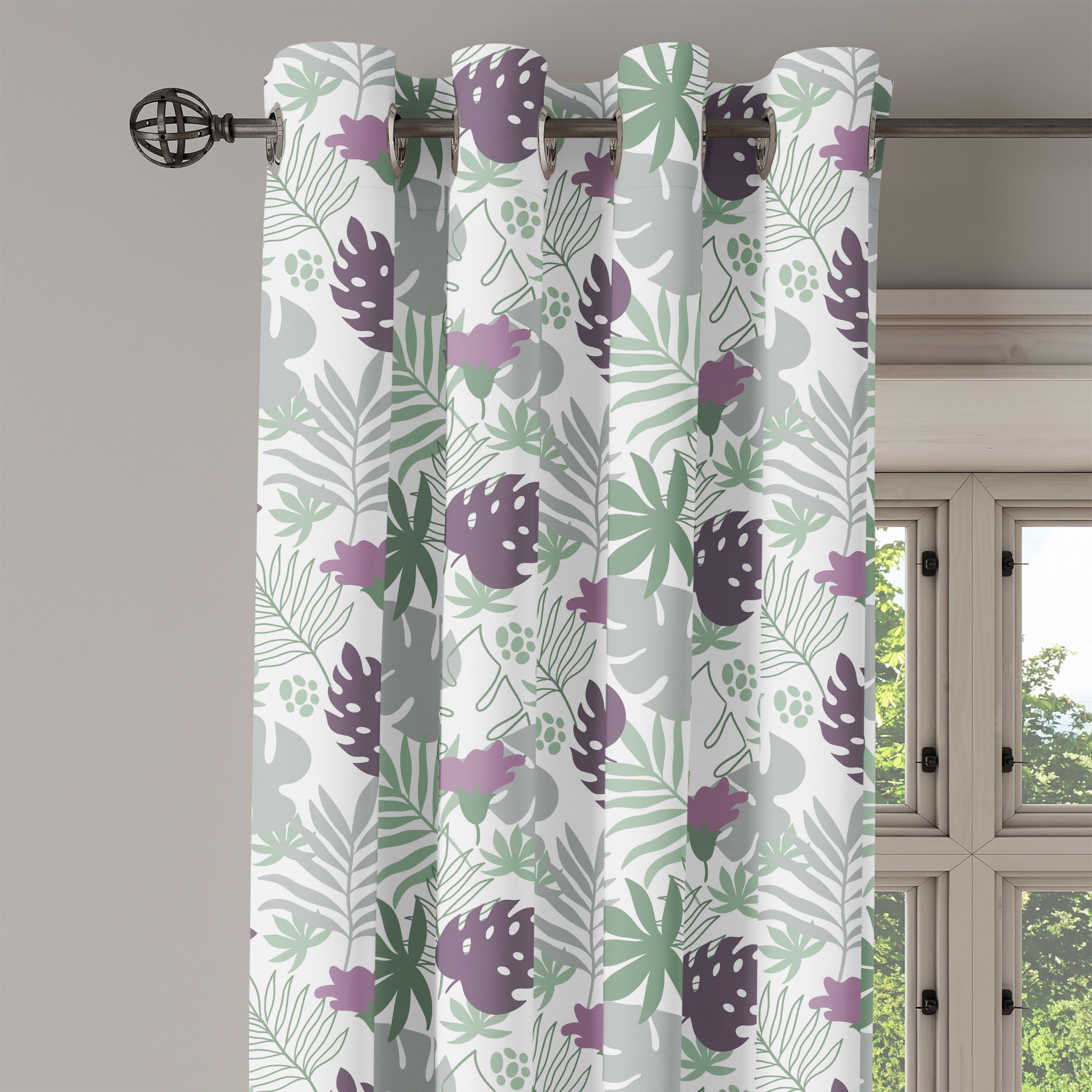 Wohnzimmer, für Dekorative Blätter Abakuhaus, Design Gardine Botanik, 2-Panel-Fenstervorhänge Tropische Schlafzimmer