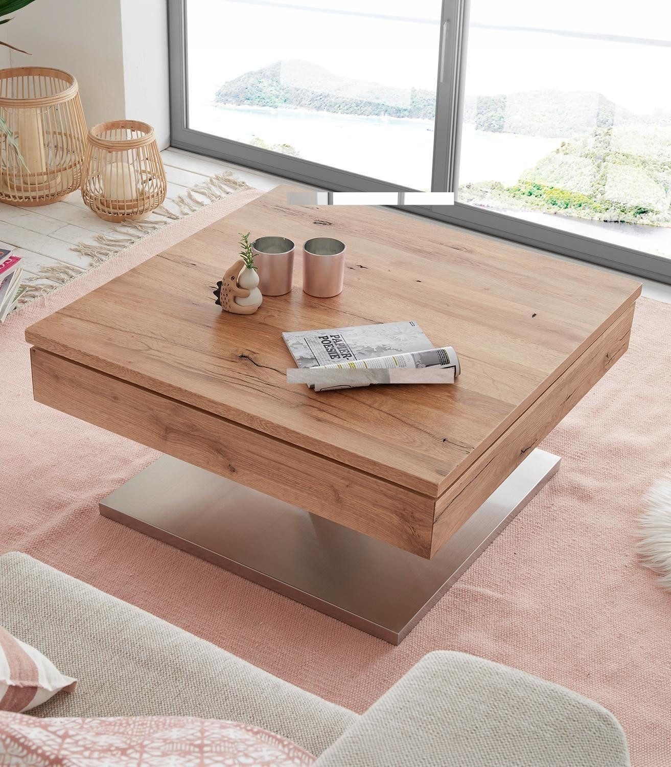 Couchtisch MONROVIA, Braun, Edelstahlfarben, MDF, Asteichenholzfurnier, drehbare Deckelplatte, B 75 x H 83 x T 75 cm