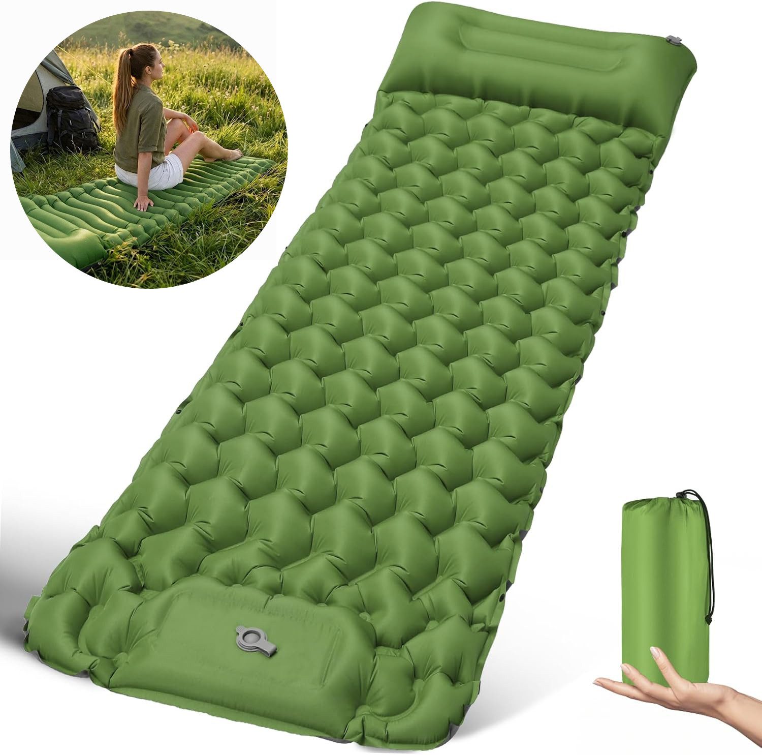 Forrlite Isomatte Camping, Ultraleicht Camping Luftmatratze mit Fußpumpe & Kissen, (Aufblasbare Matratze Kompakte und Leichte, Campingmatte für Wandern Strand Outdoor), erschleißfest / wasserabweisend / Reißfestigkeit