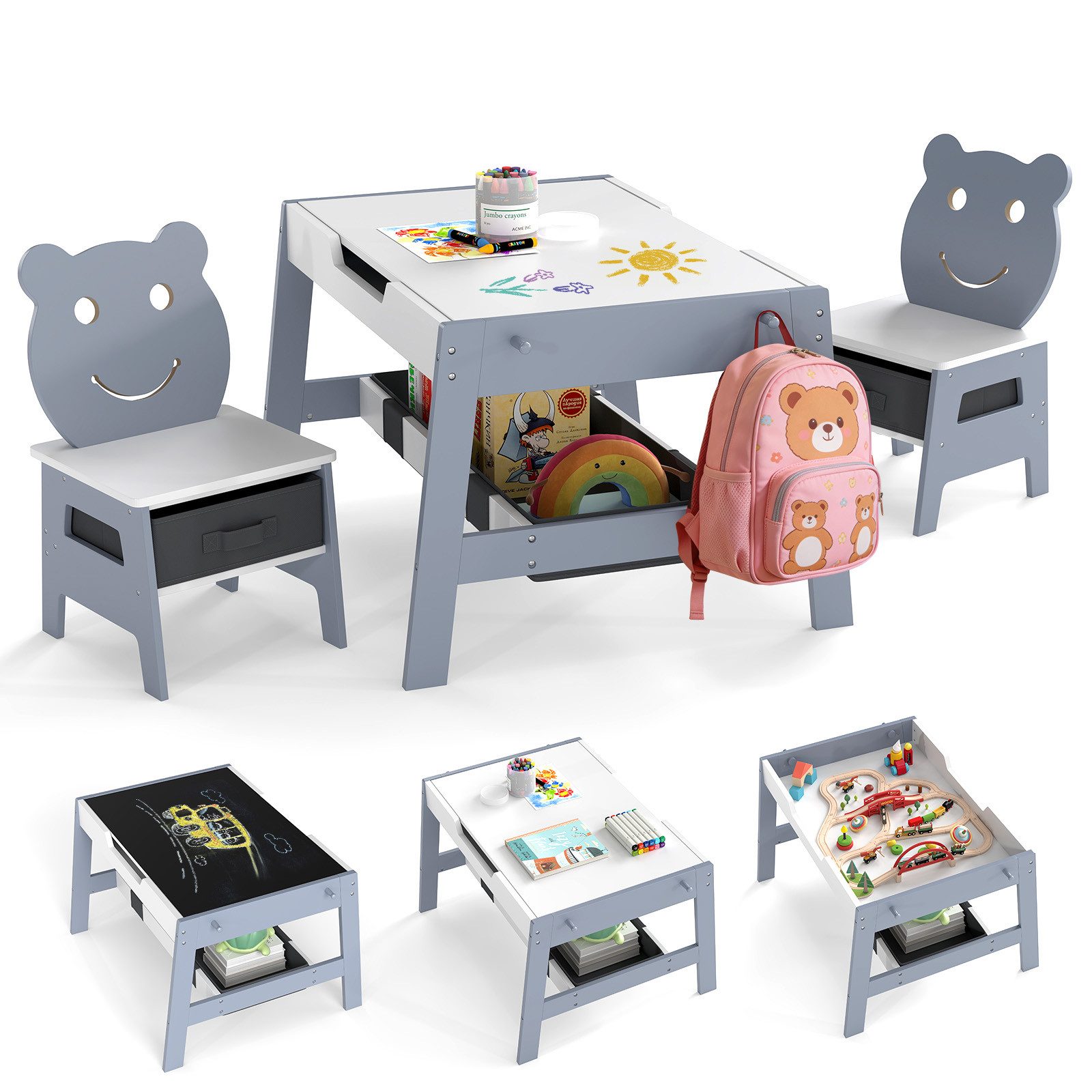 COSTWAY Kindersitzgruppe, (3-tlg), 5 in 1 Kindertisch mit 4 Haken, wendbar