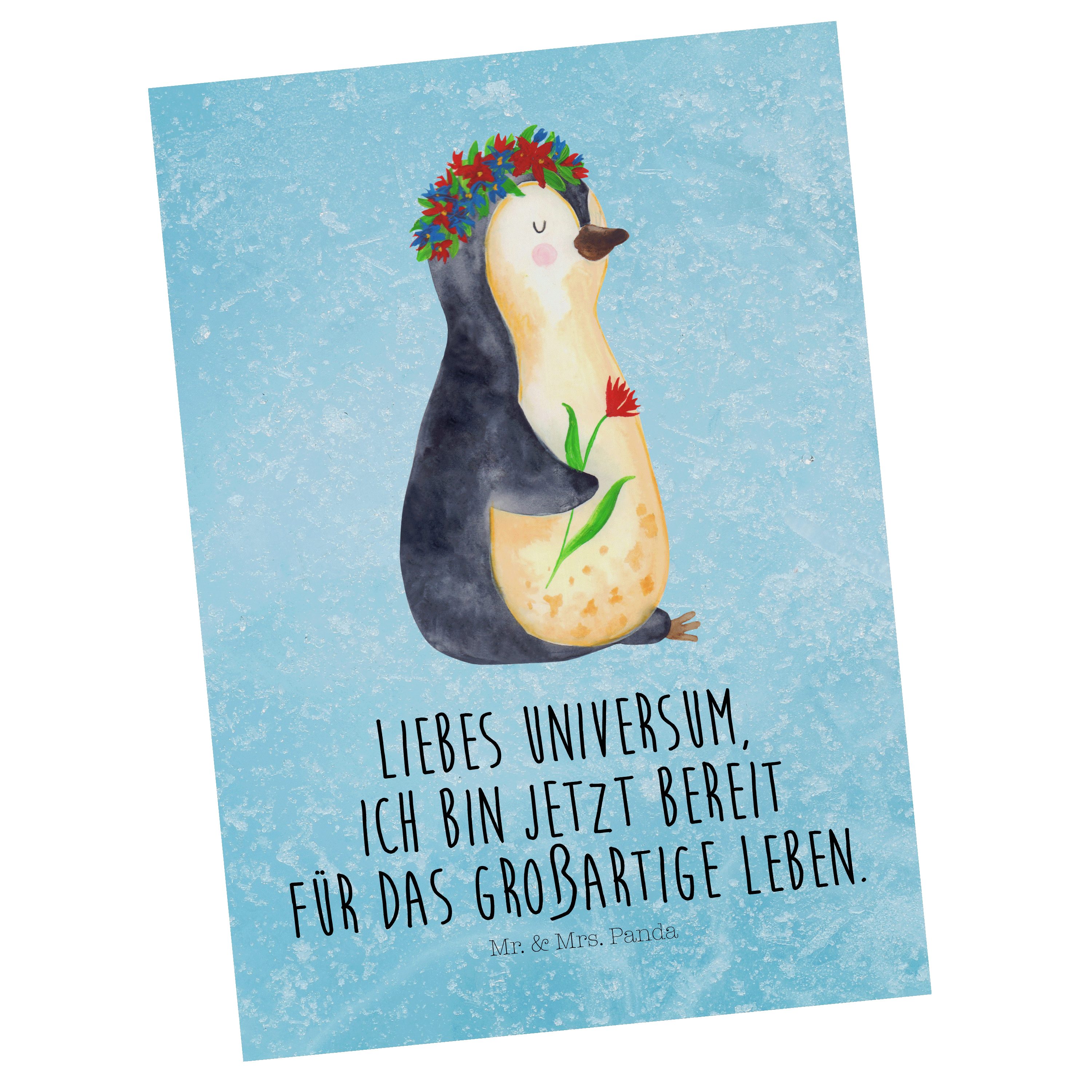 Mr. & Mrs. Panda Postkarte - Geschenk, Einladungskarte, Blumenkranz Pinguin Liebeskumm - Eisblau