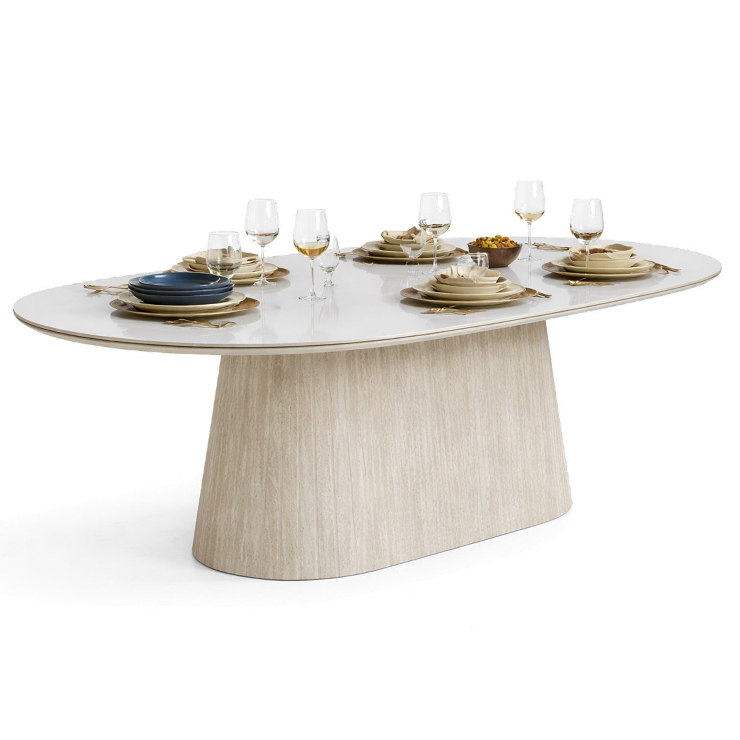 HOOZ Wohnzimmertisch Esstisch oval modern Säulenfuß inkl. Keramikplatte 180x90cm Kalk (Einzelprodukt, 1× Esstisch), Keramik-Tischplatte, verschiedene Varianten, pflegeleicht & stabil
