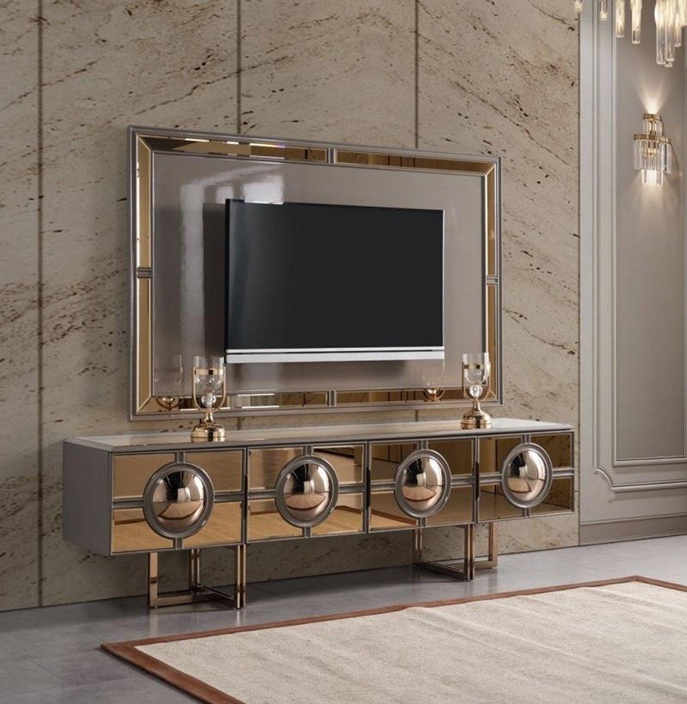 JVmoebel Wohnwand Goldener Holzrahmen TV Unterschrank Lowboard Wohnwand Sideboard, (2-St., 1x TV Ständer + 1x Rahmen), Made in Europa