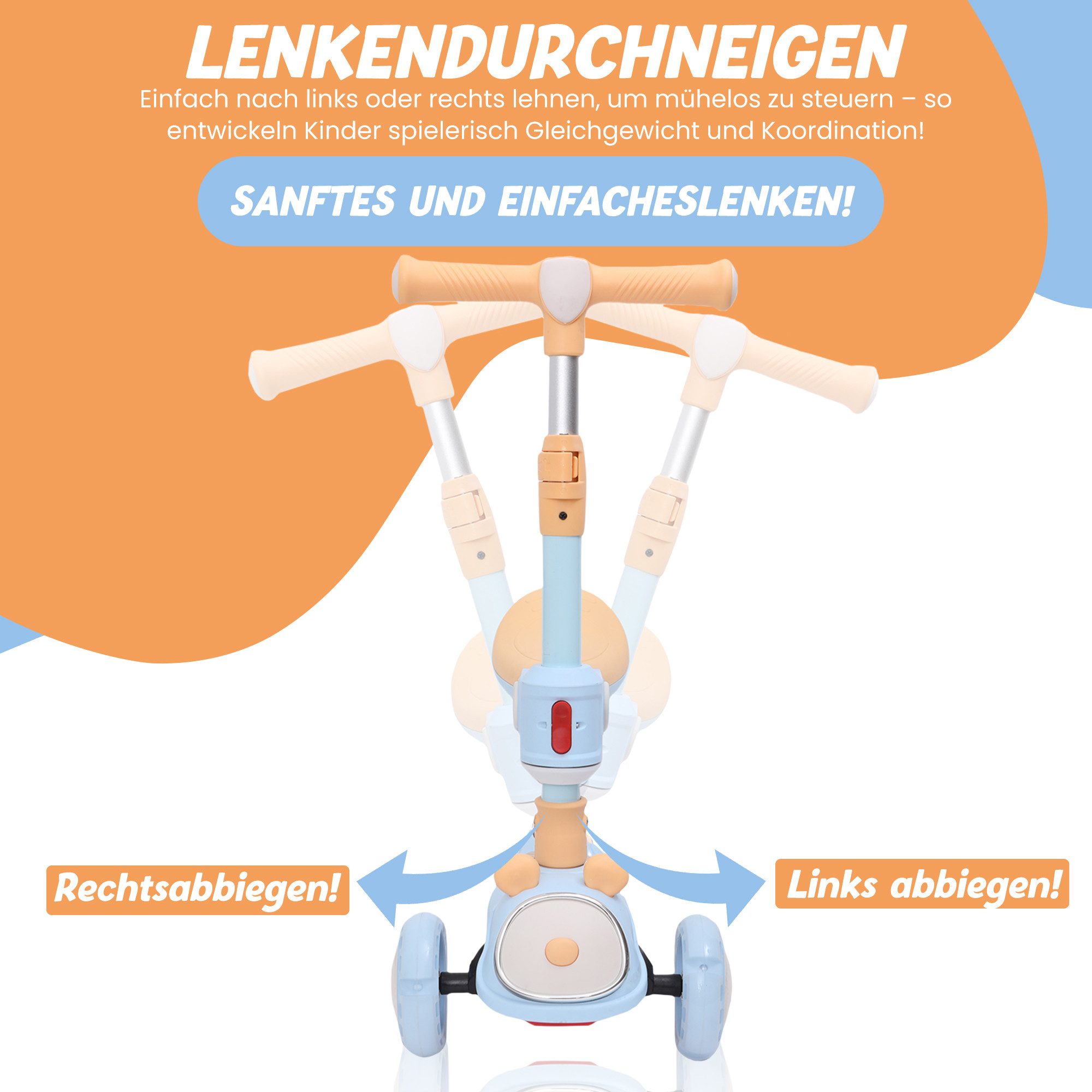 Habib Gruppe Sitzscooter Kinderroller ab 2 Jahre 3in1 mit umklappbarem Sitz und LED-Rädern, LED-Räder, umklappbarer Sitz, klappbar, Lenker höhenverstellbar – Bild 5 von 5