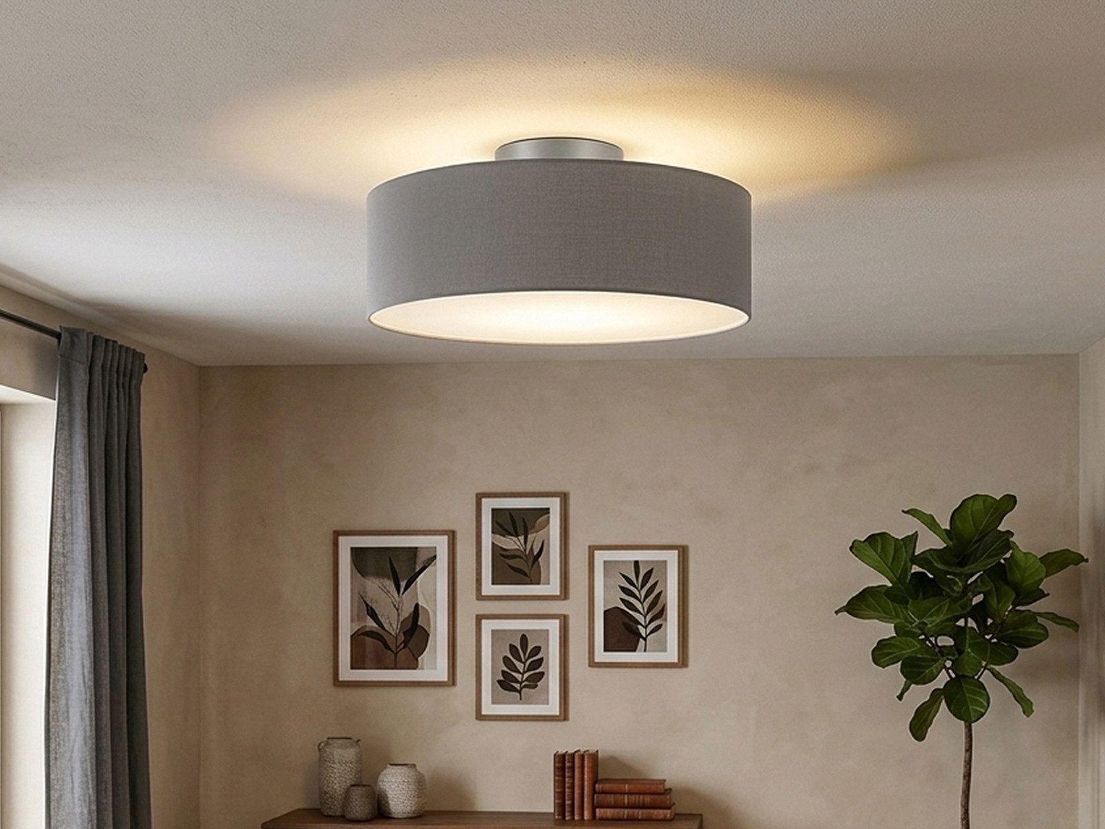 meineWunschleuchte Deckenleuchte mit Stoff Lampenschirm Grau Braun Ø 40cm, ohne Leuchtmittel, Stoff-Lampe, gemütliche Deckenlampe, E14 Schlafzimmerlampe rund