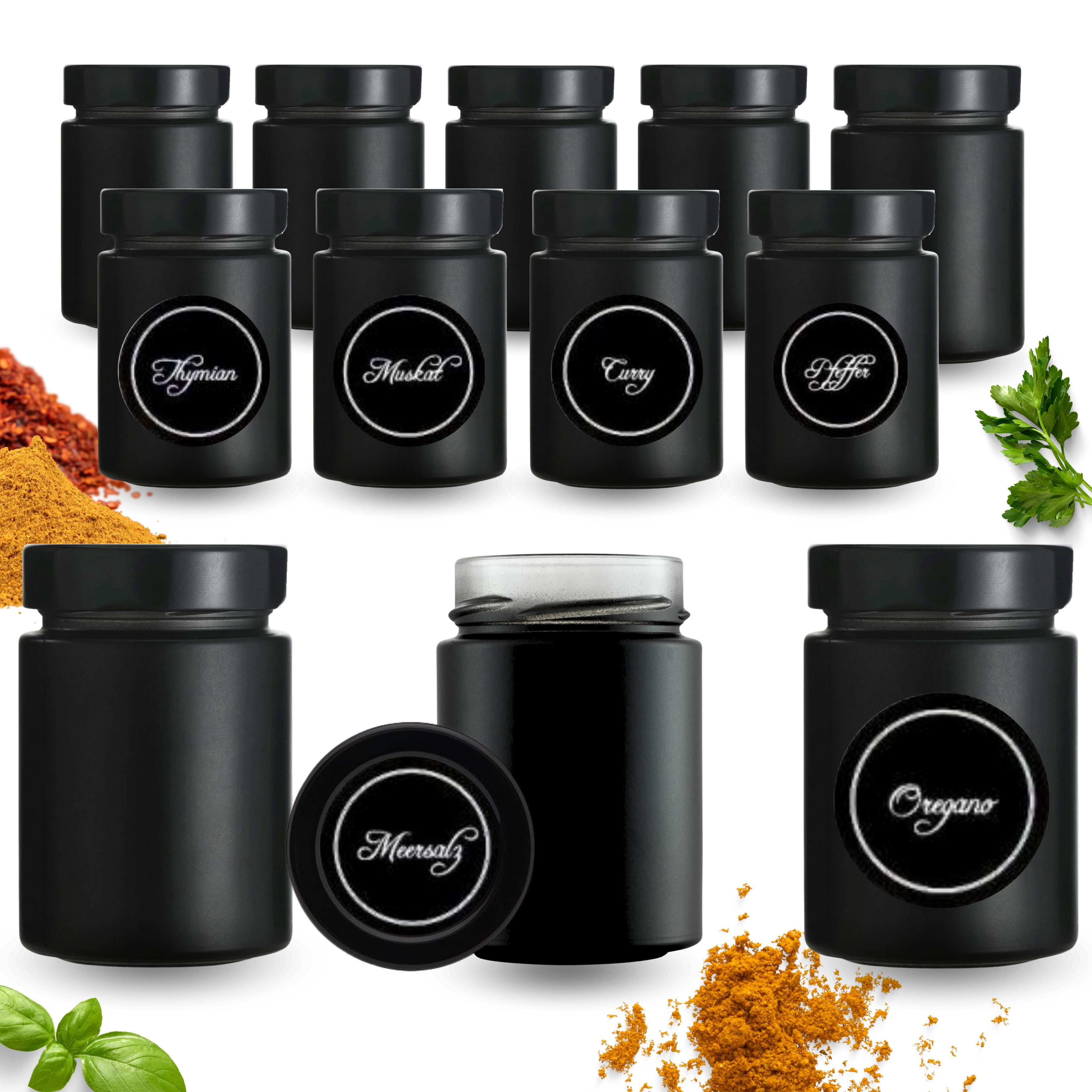 mikken Gewürzbehälter 12 Gewürzgläser 190 ml schwarz mit Deckel und 24 Gewü günstig online kaufen