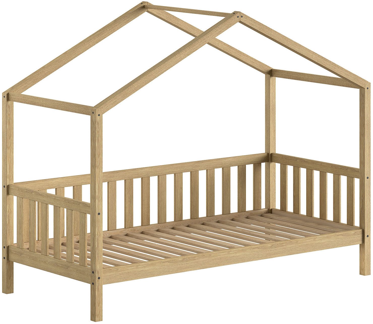 Vipack Hausbett Dallas aus massiver Eiche, natur geölt in zeitlosem Design (B/H/T ca. 210x170x97 cm) inkl. Massivholz Rolllattenrost), hochwertig verarbeitet, mit oder ohne Bettschublade auf Rollen