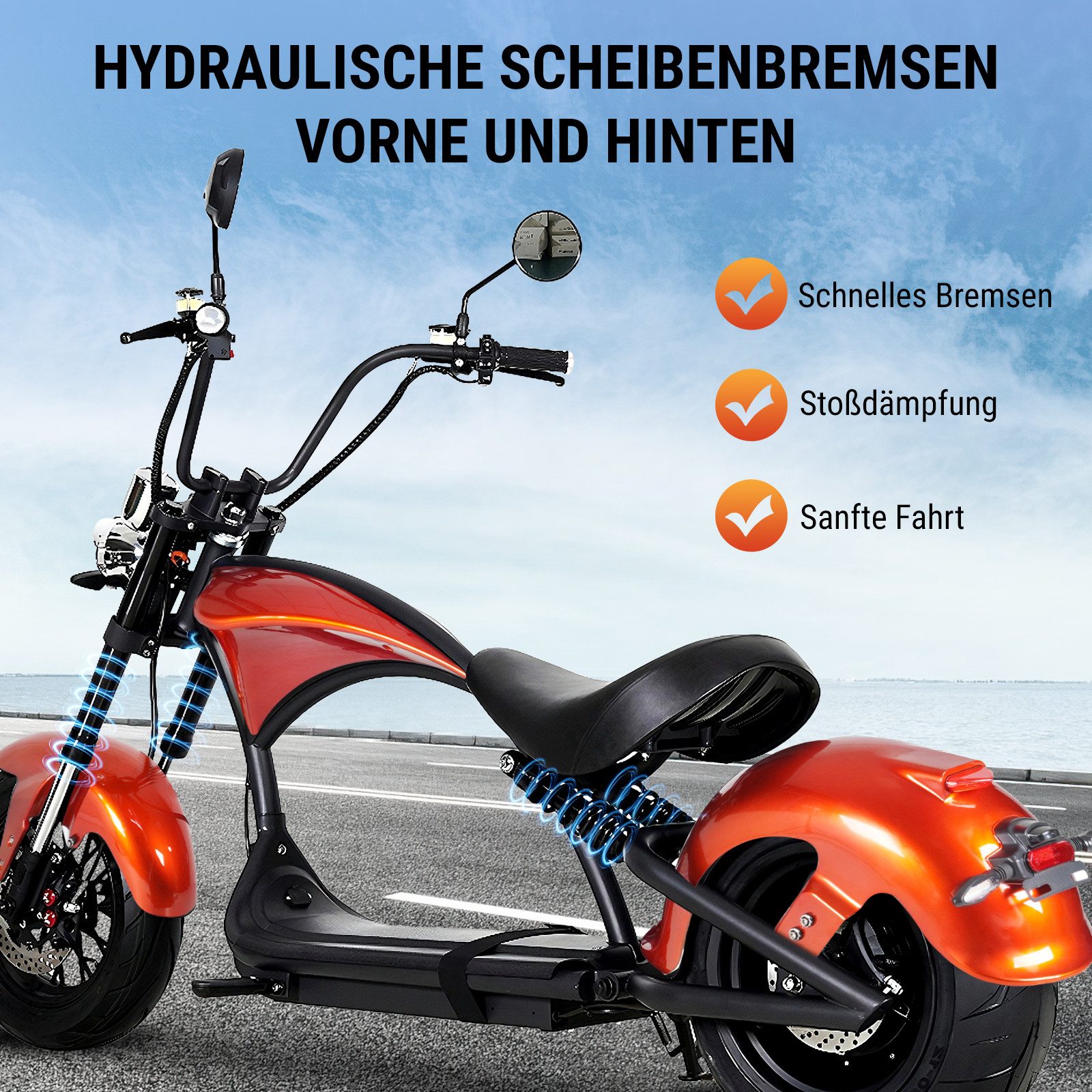 Vankel E-Motorroller M1P-orange 60V 2000W Motor 30AH 45km/h Bis zu 100km, 45 km/h, 100 km Reichweite, scheibenbremsen, StoBdämpfer vorne und hinten