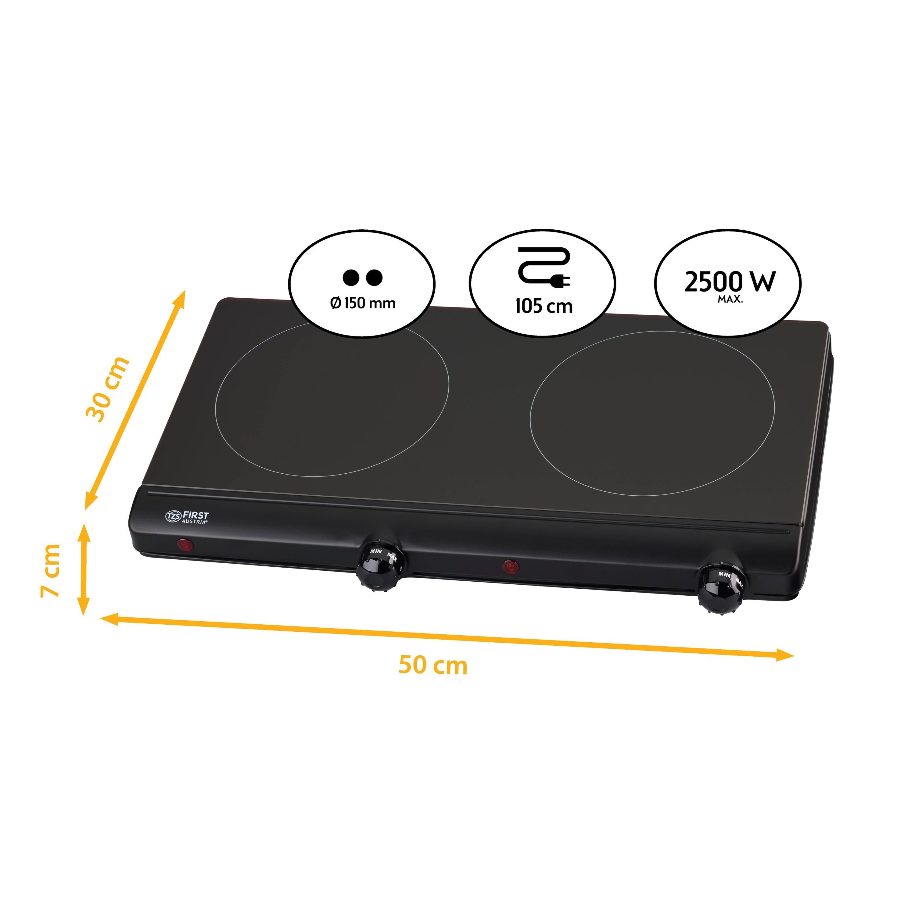 TZS FIRST AUSTRIA Doppelkochplatte 2500W, Infrarot, einstellbare Thermostatsteuerung, Glaskeramik, 2x150 mm Kochzonen, Überhitzungsschutz, manuelle Bedienung