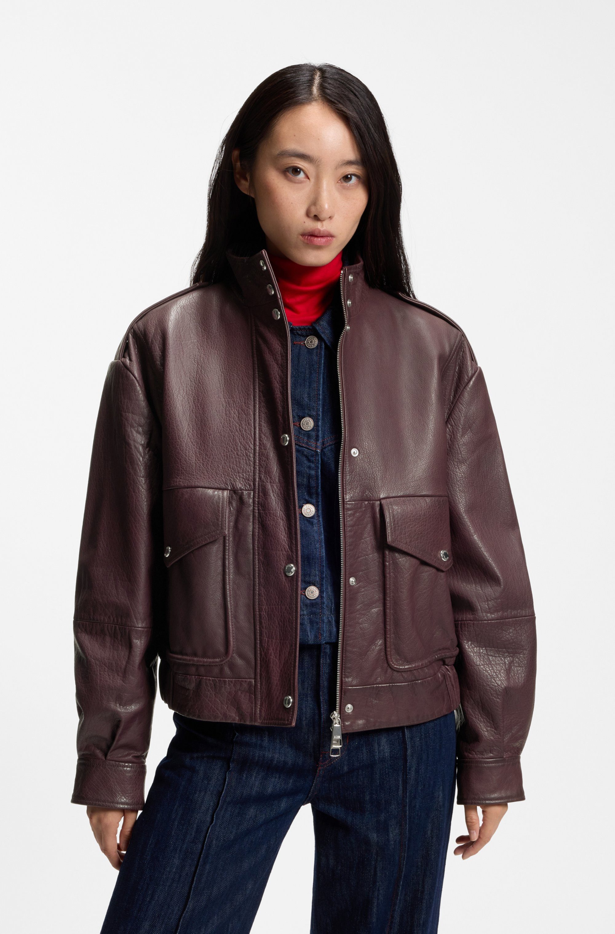 BOSS ORANGE Lederjacke Sabea Premium Damenmode mit Stehkragen, Relaxed Fit