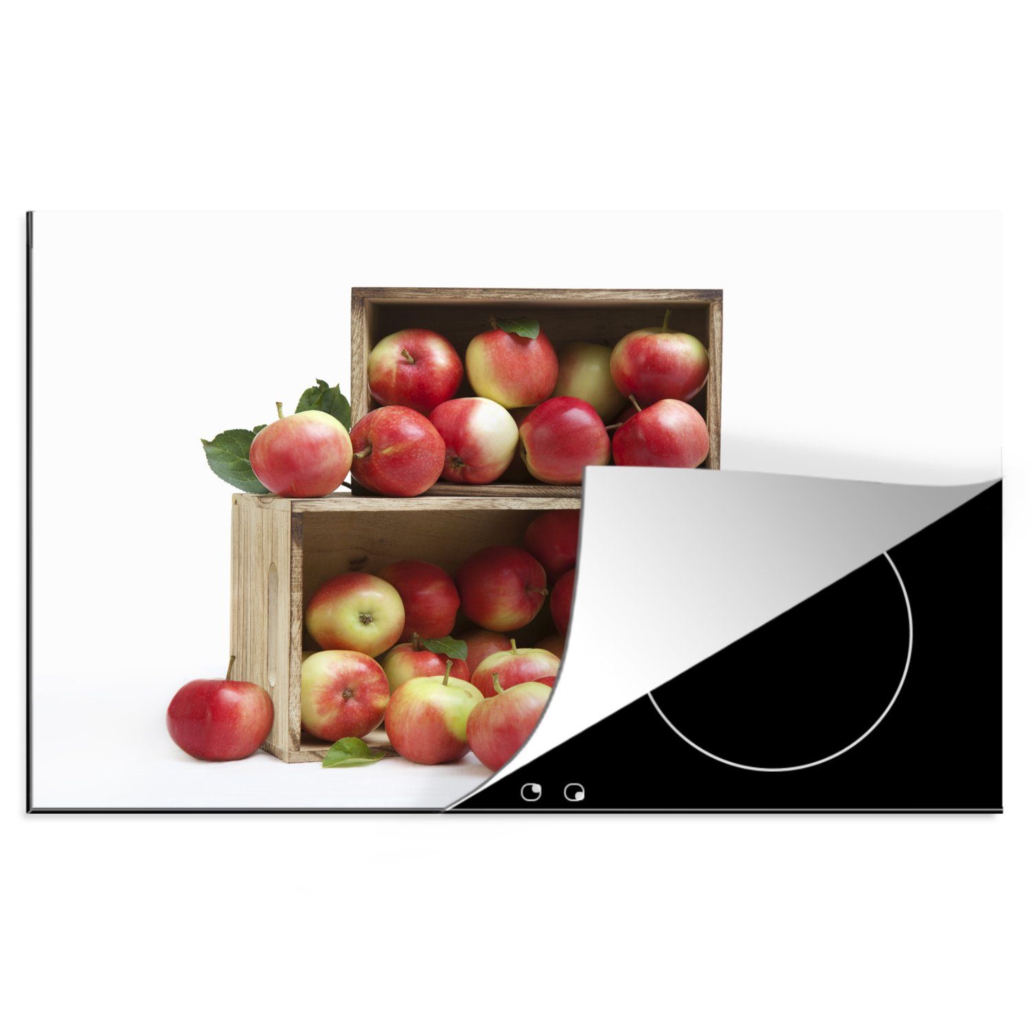 MuchoWow Herdblende-/Abdeckplatte Apfel - Kiste - Obst, Vinyl, (1 tlg), 81x52 cm, Induktionskochfeld Schutz für die küche, Ceranfeldabdeckung