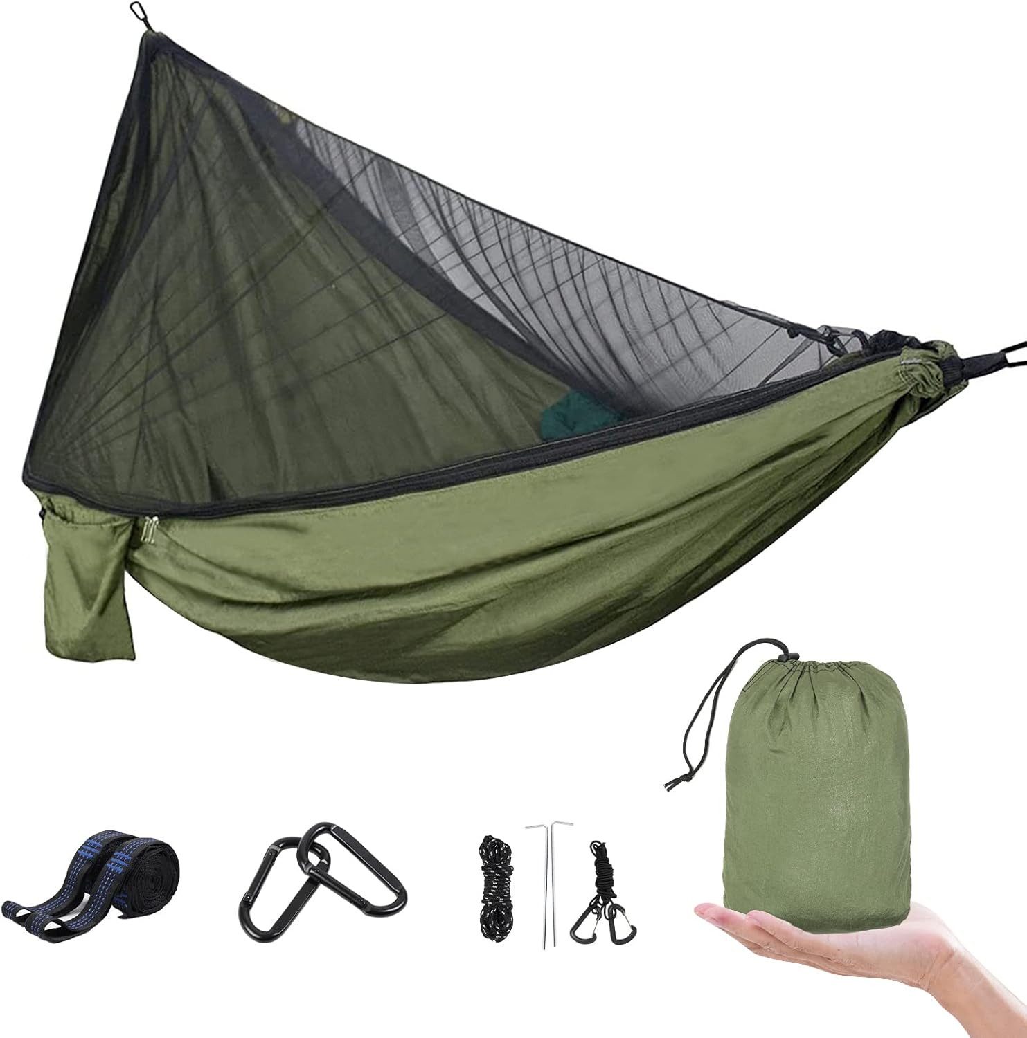 AIMAX Hängematte Camping Hängematte mit Moskitonetz aus 210T Nylon, Militärgrün, Ultraleicht, bis 300 kg belastbar, inkl. Gurte, Karabiner & Packsack