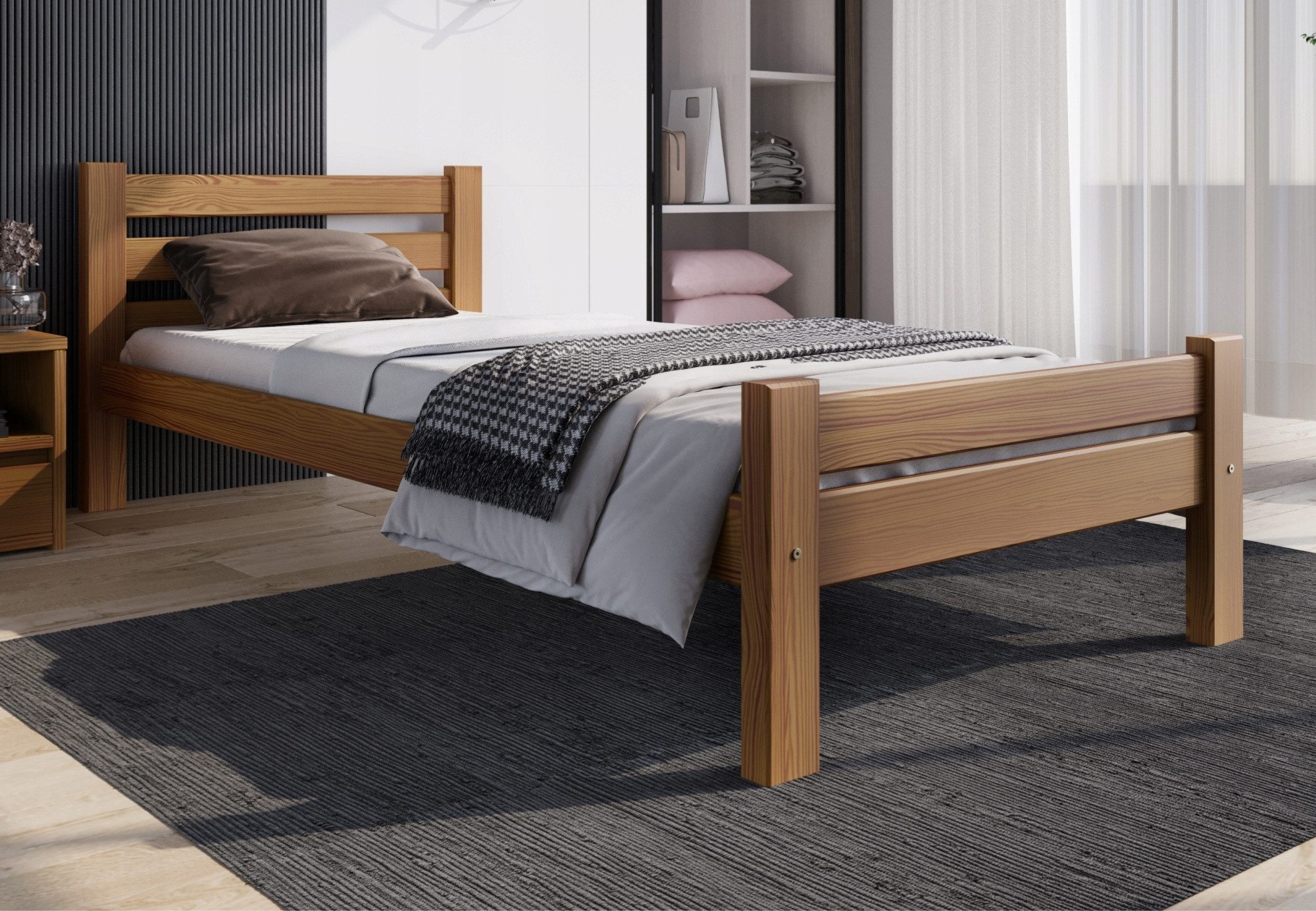 Home Collective Bettgestell Massivholzbett, Einzelbett mit Lattenrost & sicherem Lack, 210x102x72 cm, Eiche