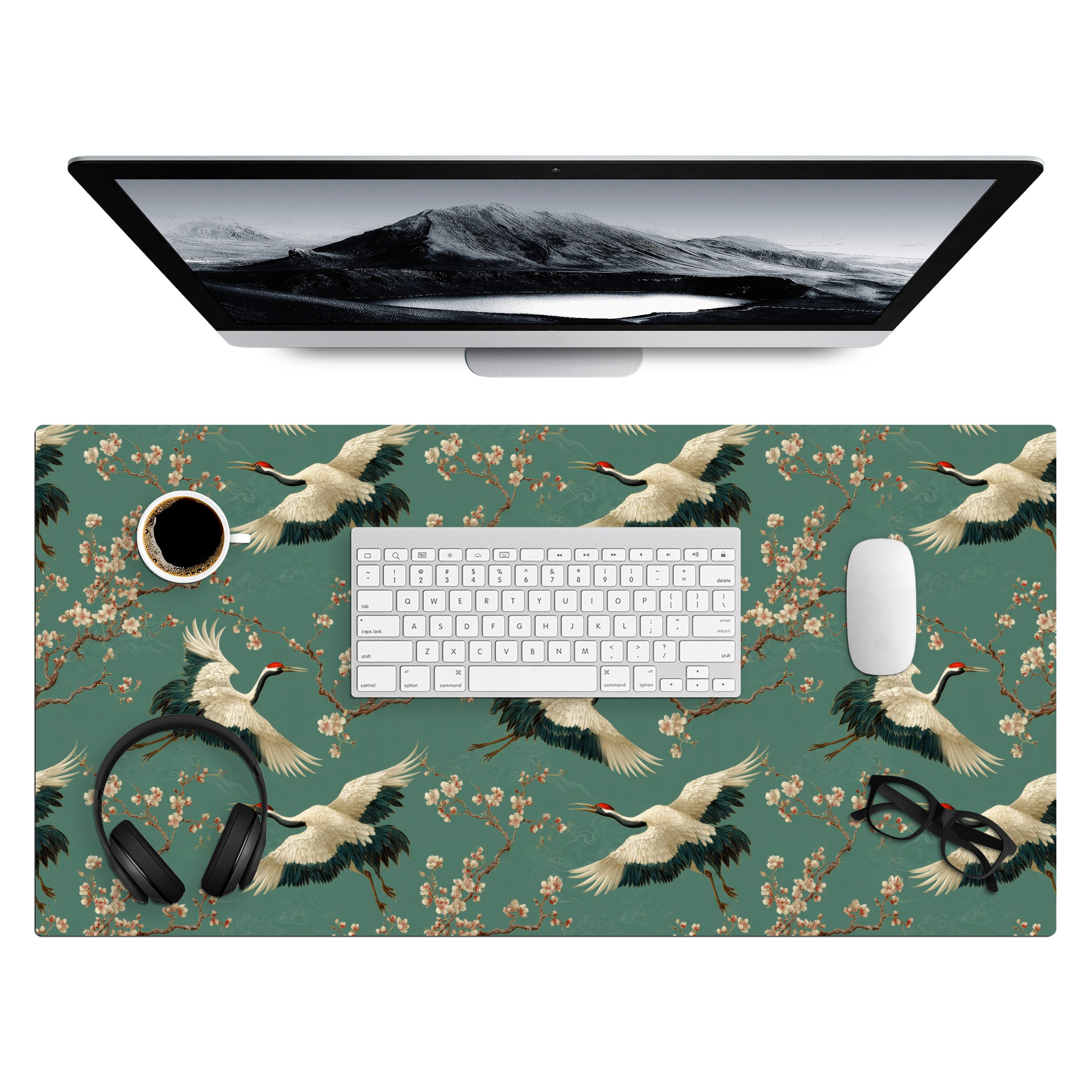 MuchoWow Gaming Mauspad Kirschblüte - Umstandsblumen - Grün (1-St), Gaming Mauspad XXL, Schreibtischunterlage, Desk Mat Groß, 80x40 cm