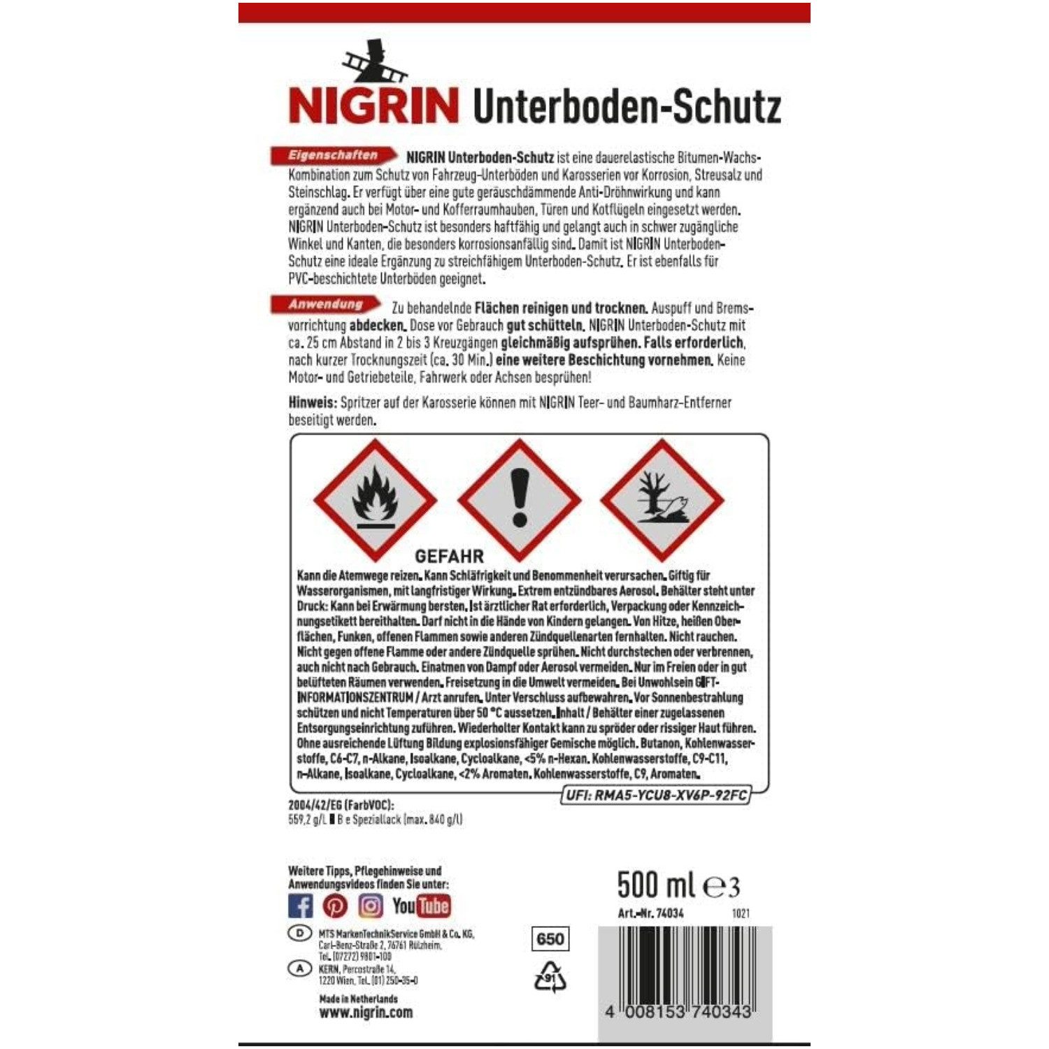 NIGRIN Unterbodenschutz 500ml Spray-Dose Bitumen Schwarz Rostentferner (1-St. 1x Unterbodenschutz-Spray Bitumen schwarz 500ml Unterbodenschutz Korrosionsschutz Auto Steinschlag Streusalz)