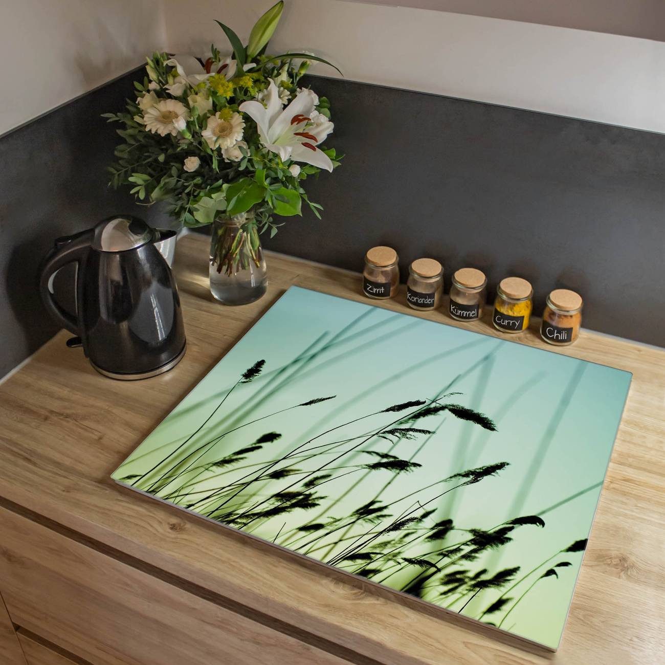 banjado Herd-Abdeckplatte Glas Gräser, (gehärtet, 1 tlg., inkl. selbstklebende Gummifüßchen)