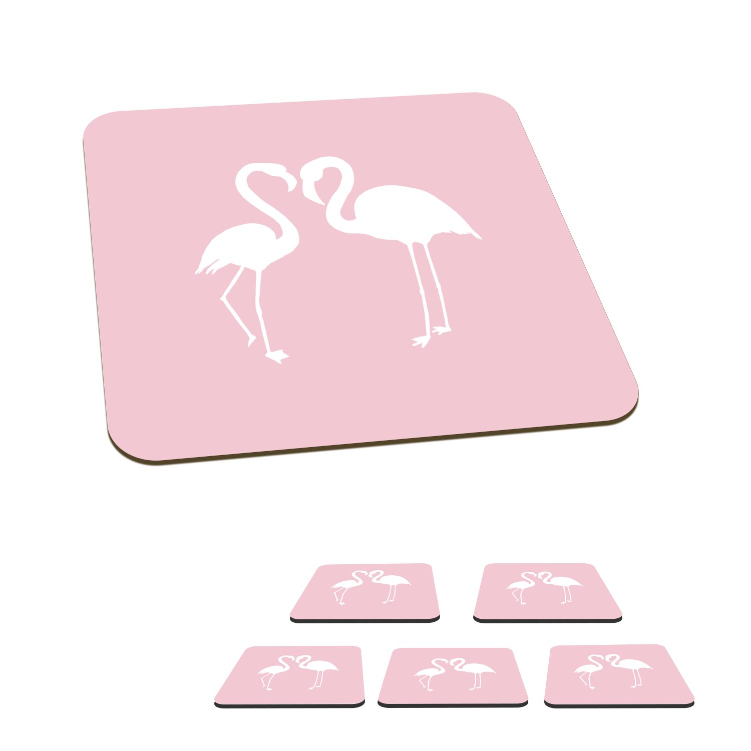 MuchoWow Glasuntersetzer Flamingo - Vogel - Weiß - Zeichnung, Zubehör für Gläser, 6-tlg., Glasuntersetzer, Tischuntersetzer, Korkuntersetzer, Untersetzer, Tasse