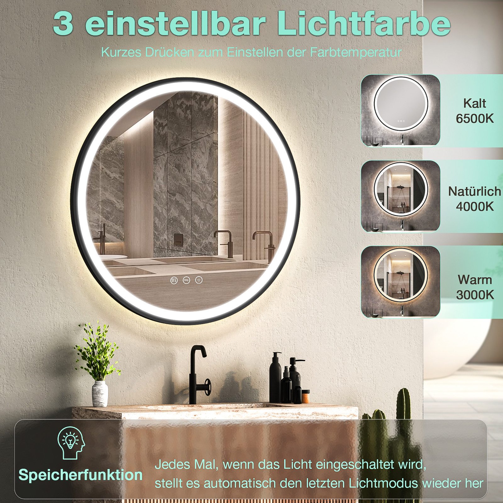 GIMBELEN Badspiegel LED Runder mit Beleuchtung, dimmbar, 3 Lichtfarben (1-St), Wandspiegel, LED Badspiegel, Antibeschlag, 60cm