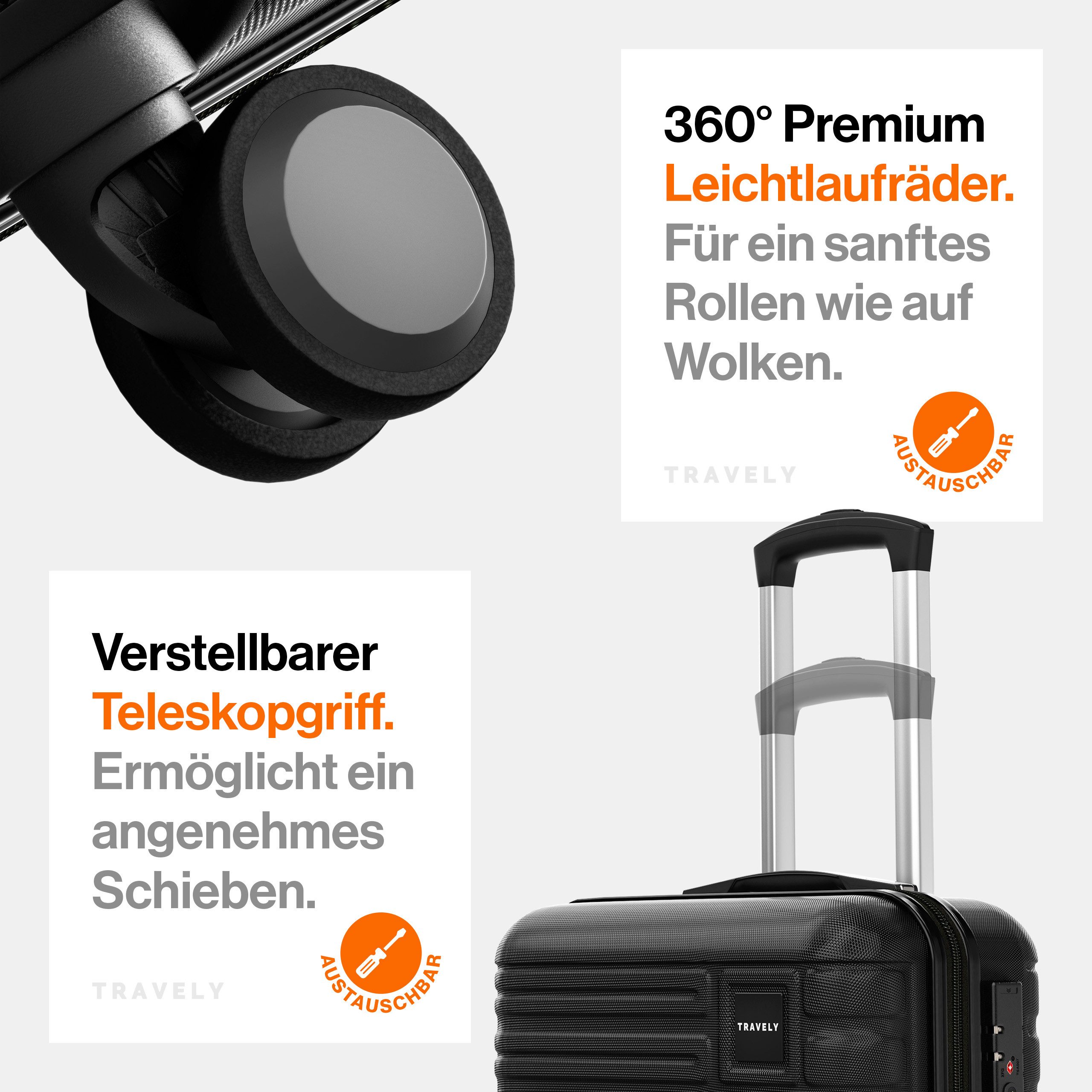 Travely Koffer Polycarbonat Koffer Set - 3 teiliges Kofferset, XL + L + M, 4 Rollen, Designed in Germany, austauschbare Griffe und Rollen – Bild 5 von 5