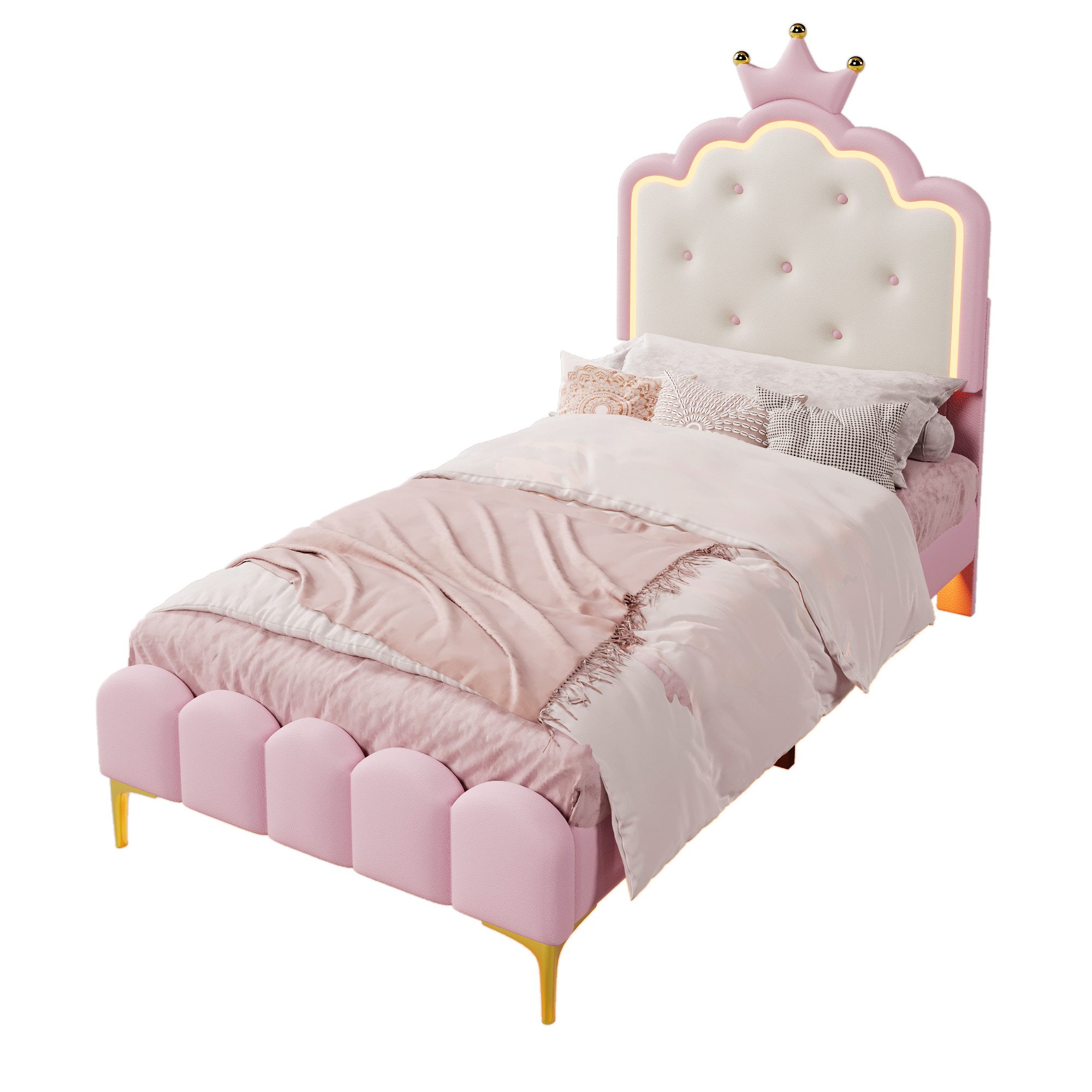 Odikalo Kinderbett Polsterbett Lattenrost Kronprinzessinnenform PU Rosa (ohne Matratze)