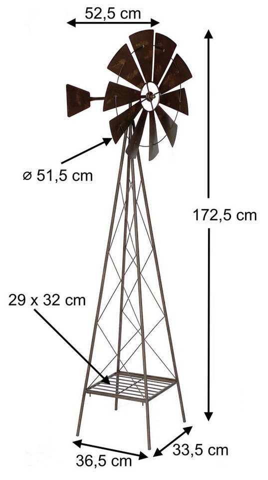 DanDiBo Deko-Windrad Windrad Metall Gartendeko kugelgelagert 170 Gartenstecker Garten cm Windspiel Bodenstecker Windmühle Braun Wetterfest 96019