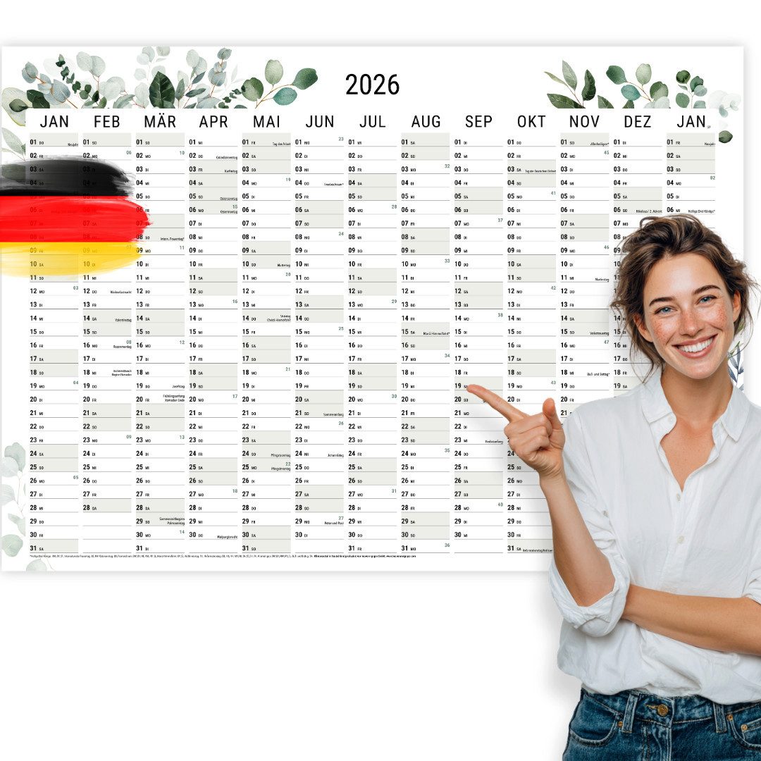 heaven+paper Jahresplaner A1 Wandplaner 2026 Green Querformat, hochwertig verarbeitet & modern, Hergestellt in Deutschland