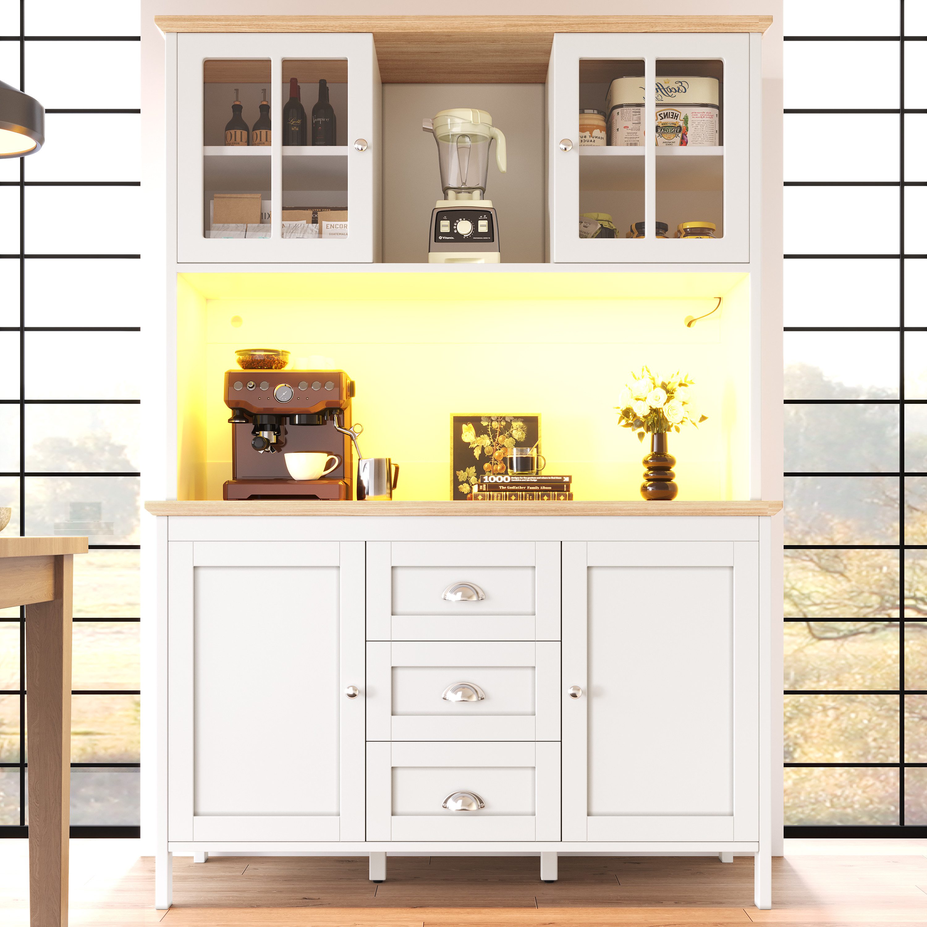 Celya Küchenbuffet Hoher Anrichteschrank mit LED-Beleuchtung (120x40x179 cm, 4 Türen und 3 Schubladen, App-Steuerung LED, integriertes Kabelmanagement, Anti-Kipp-Sicherung)