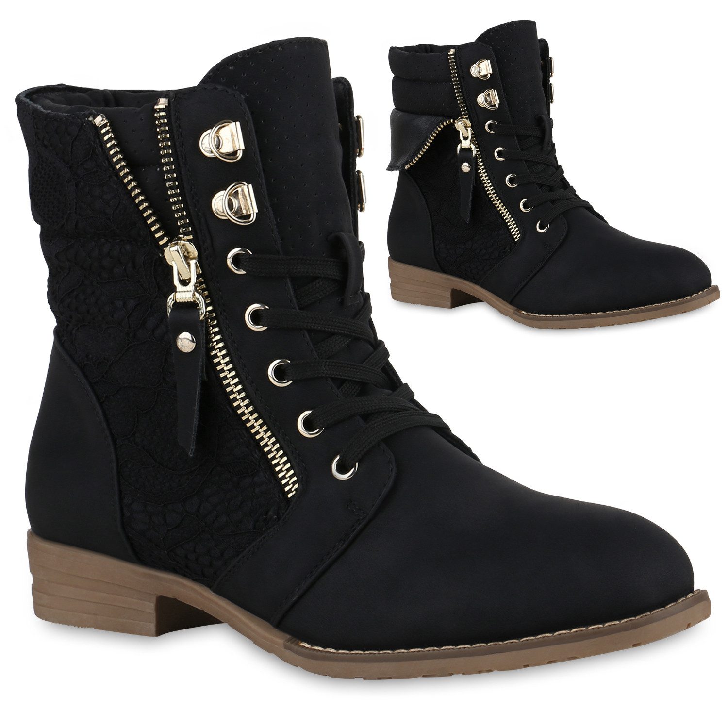 VAN HILL 815442 Schnürstiefelette Damen Schnürstiefeletten Spitze Stiefeletten Zipper Worker Boot