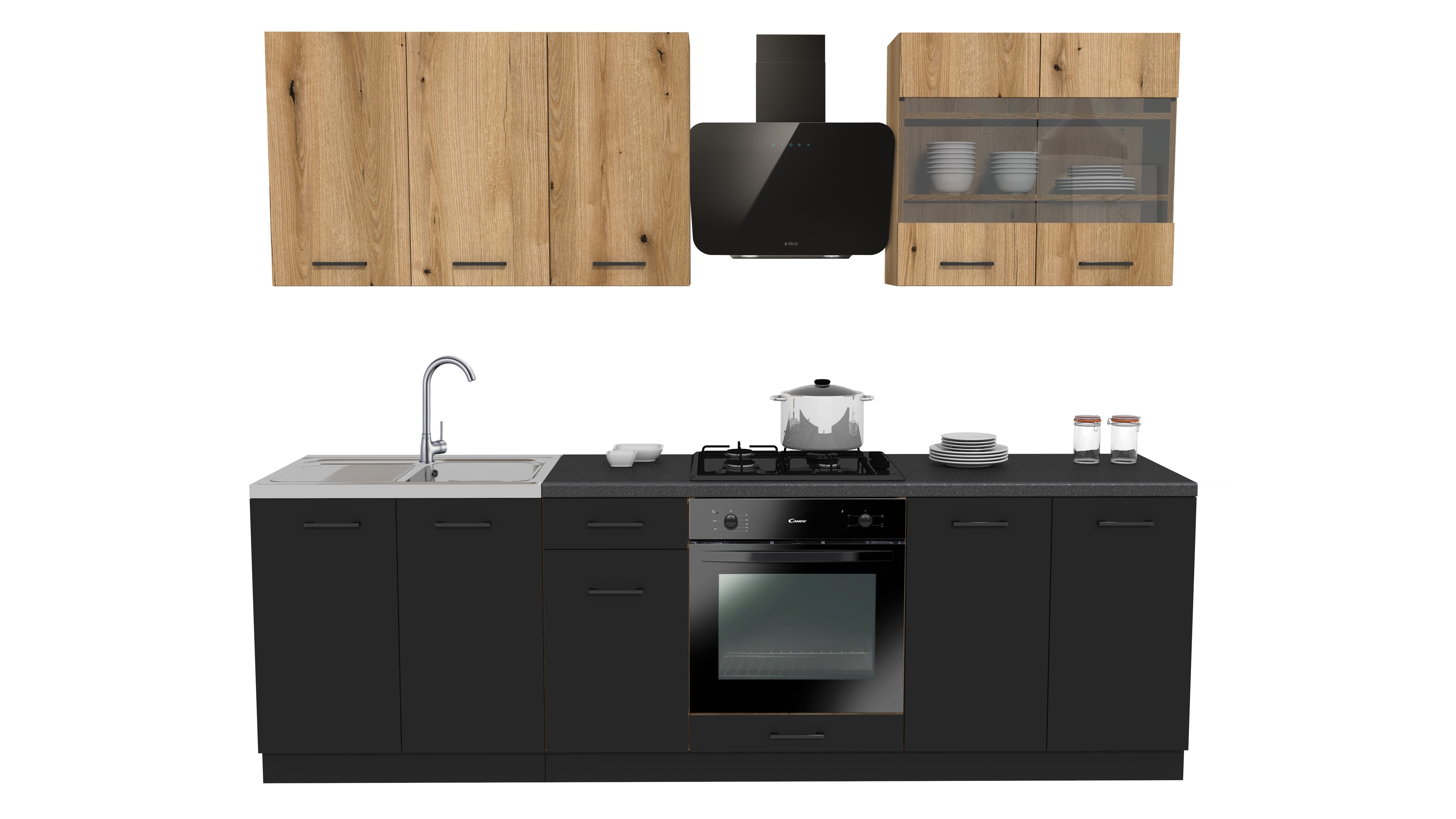 ROYAL24_MARKT Küchenzeile - SIMPLY Z5 260 cm - Eiche / Schwarz Matt, (Komplett Set), Zeitlos - Exklusiv - Top Qualität