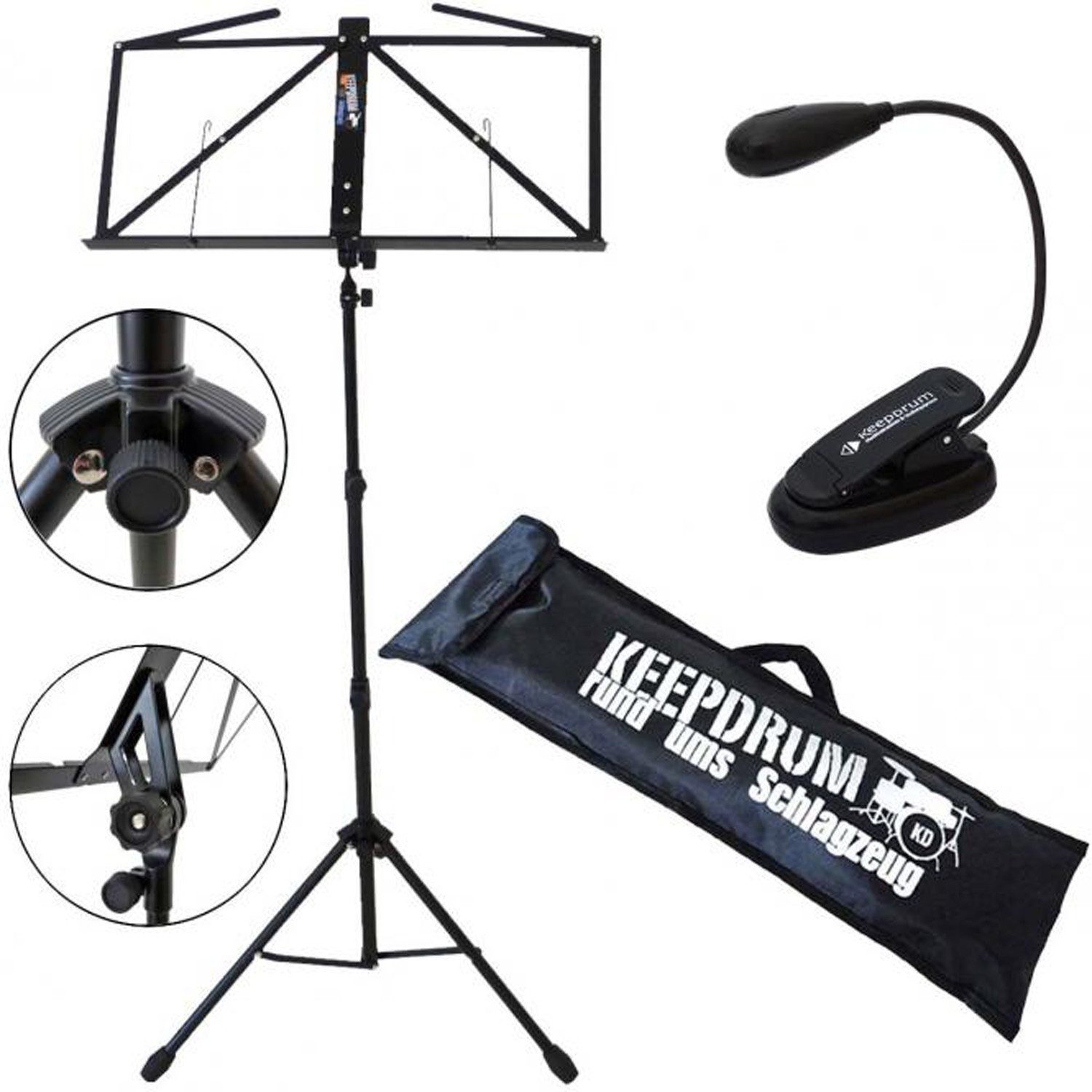 keepdrum Notenpult keepdrum MUS3BK Notenständer Schwarz mit Leuchte, Vorteils-Set