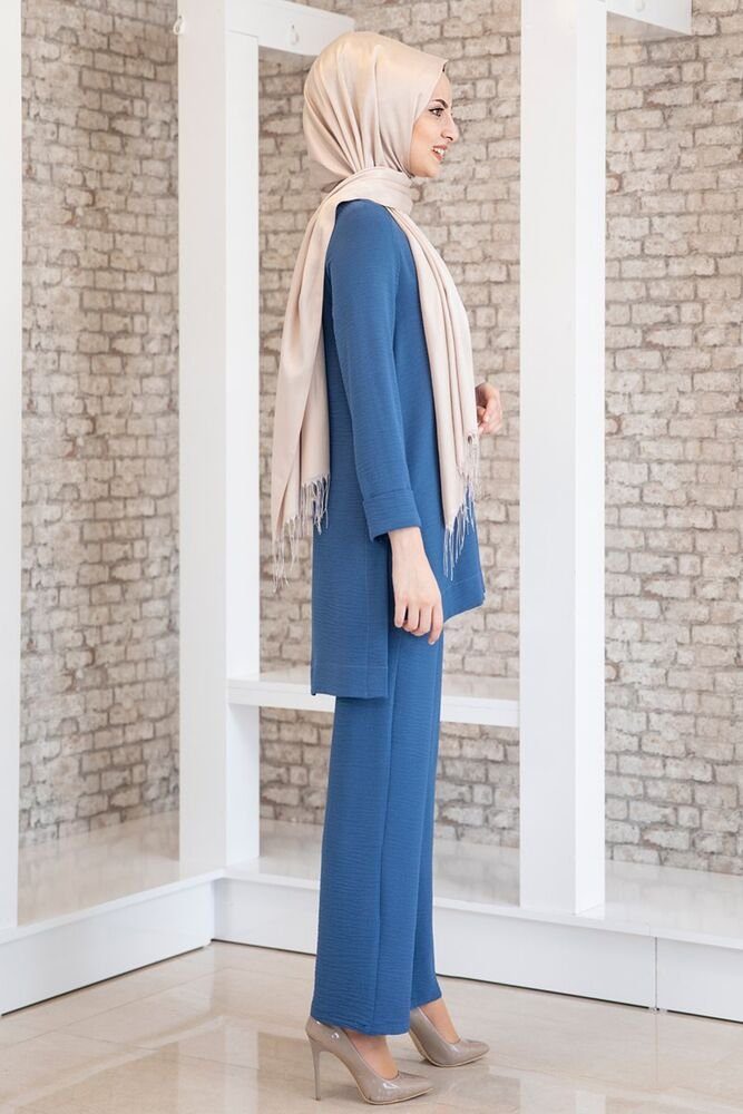 Zweiteiler Fashion Anzug Tunika Mode Longtunika mit Hijab (Tunika Damen Modavitrini Indigo-Blau Hose) mit Hose Modest