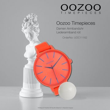 OOZOO Quarzuhr Oozoo Damen Armbanduhr Timepieces Analog, Damenuhr rund, extra groß (ca. 48mm), Lederarmband rot,orange, Fashion
