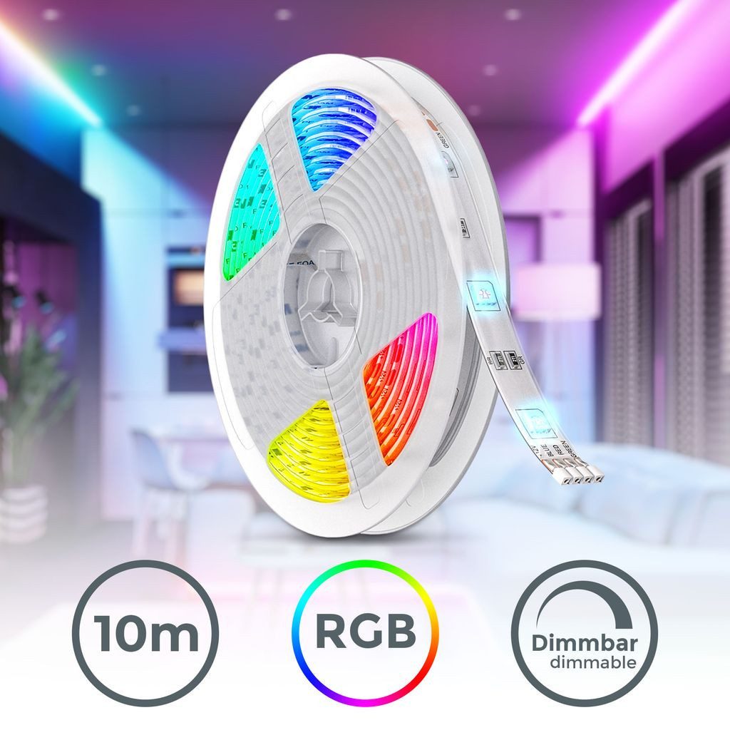 B.K.Licht LED-Streifen 10m RGB Band selbstklebend LED Band, 300-flammig, Magic RGB Stripe 230V Fernbedienung kürzbar indoor