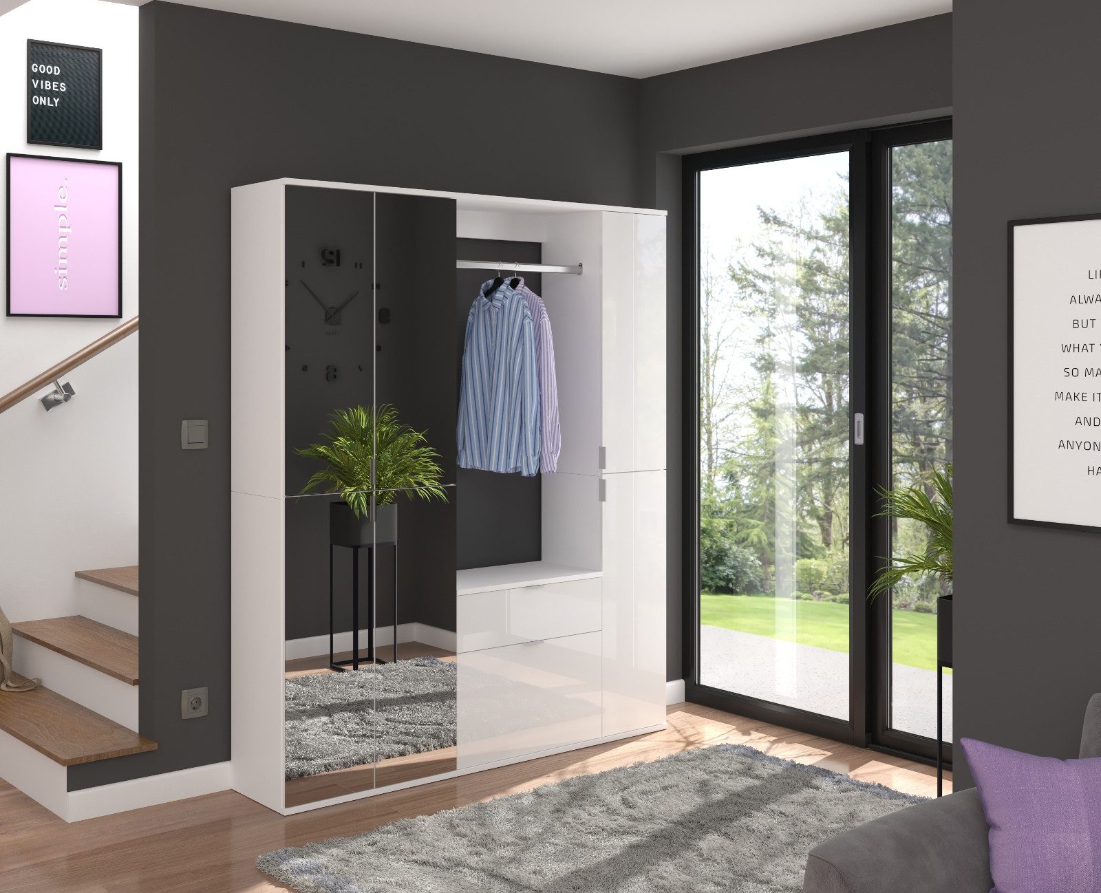 Inn.Furn Garderoben-Set SystemX, (Garderobe und Schuhschrank, weiß Hochglanz mit Spiegeltüren, 6-türig, 152 x 193 cm), Komplett-Set mit variabler Inneneinteilung