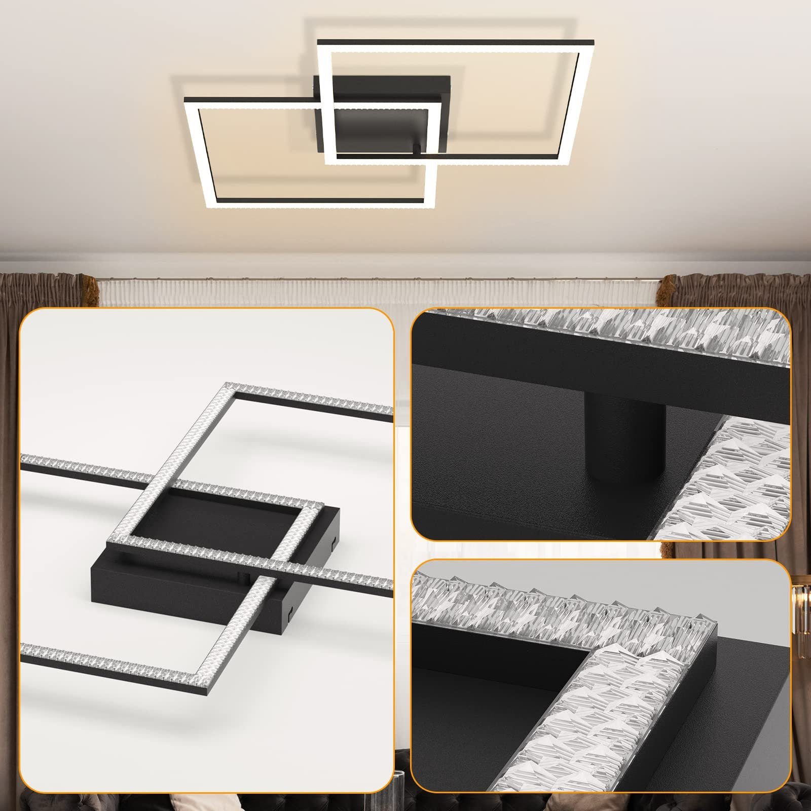 ZMH LED Deckenleuchte 2 Modern Quadratisch warmweiß-kaltweiß, Dimmbar Fernbedienung integriert, Schwarz mit fest LED Kristall Design 52W