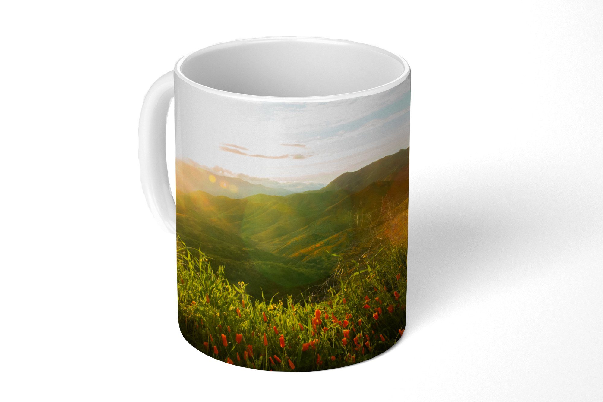 Sonnenuntergang Gras - Tasse Hügel Becher, Grün, Teetasse, Keramik, - Geschenk Teetasse, Kaffeetassen, MuchoWow -