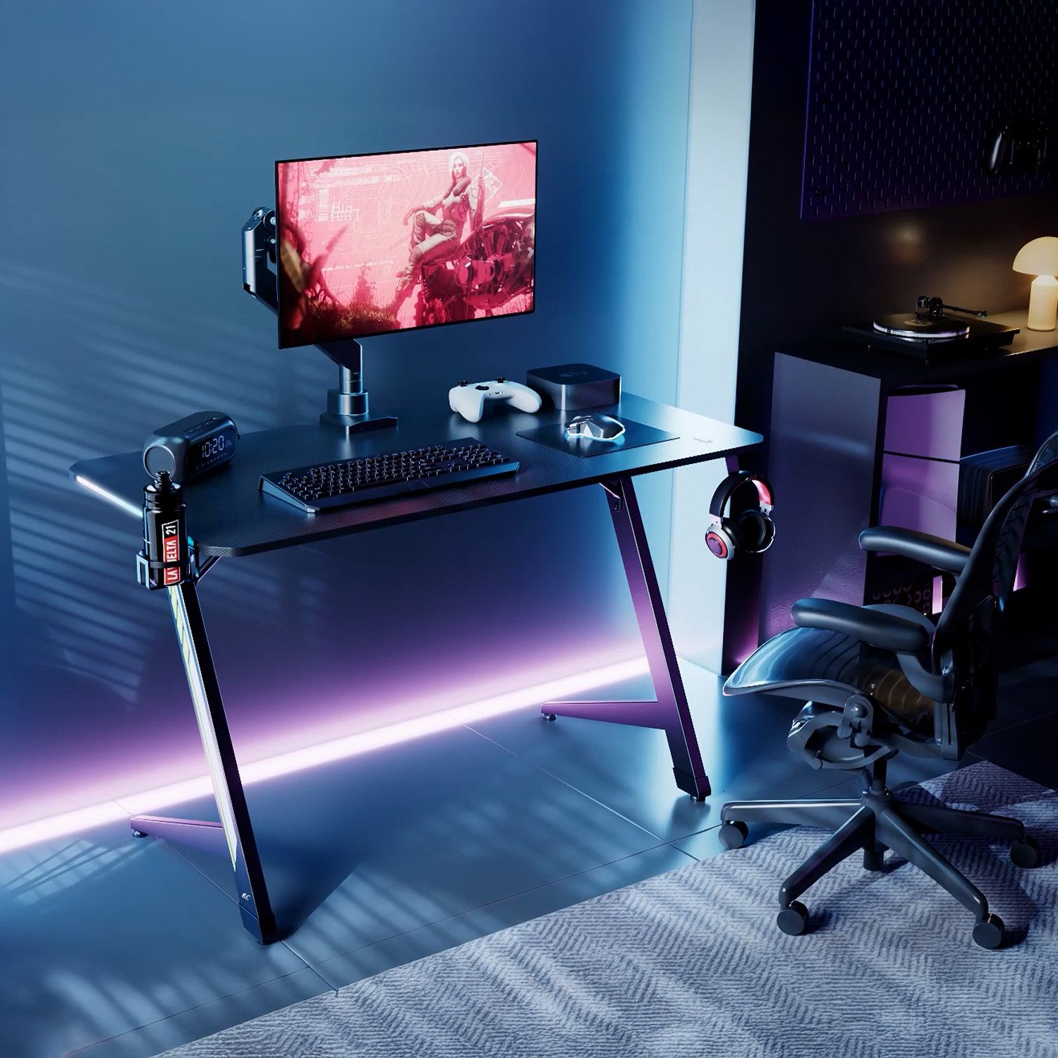 NanoRS Gamingtisch RS102 mit RGB-LED-Beleuchtung 120x60cm, mit Kopfhörer- und Becherhalter, Abmessungen 1200x600x750mm