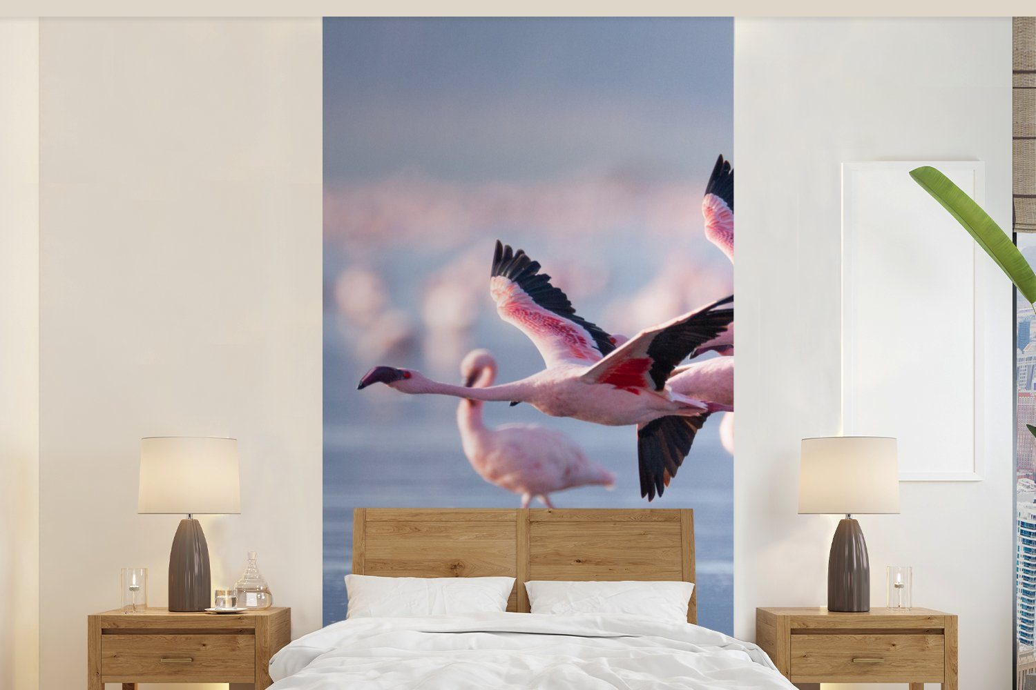 MuchoWow Fototapete Flamingo - Vogel - (2 bedruckt, Fototapete Wohnzimmer Küche, Wasser für - Vliestapete Schlafzimmer Rosa, St), Matt