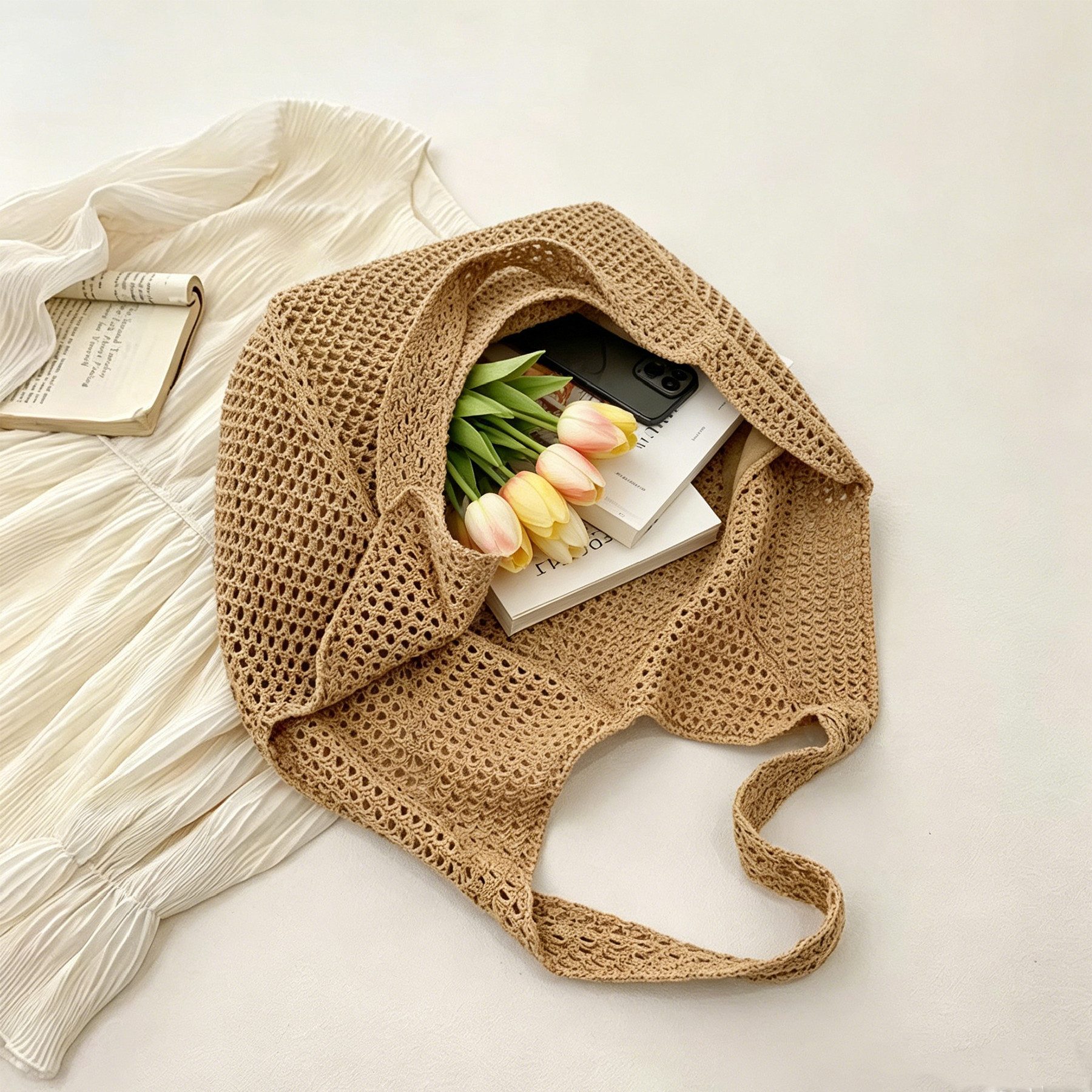 Mutig Schultertasche 2 Stück Strandtasche Damen Häkeltasche, Geflochtene Tasche Boho (Vintage Leichte Faltbare Geflochtene, Netztasche Umhangetasche, Beige und  – Bild 5 von 5