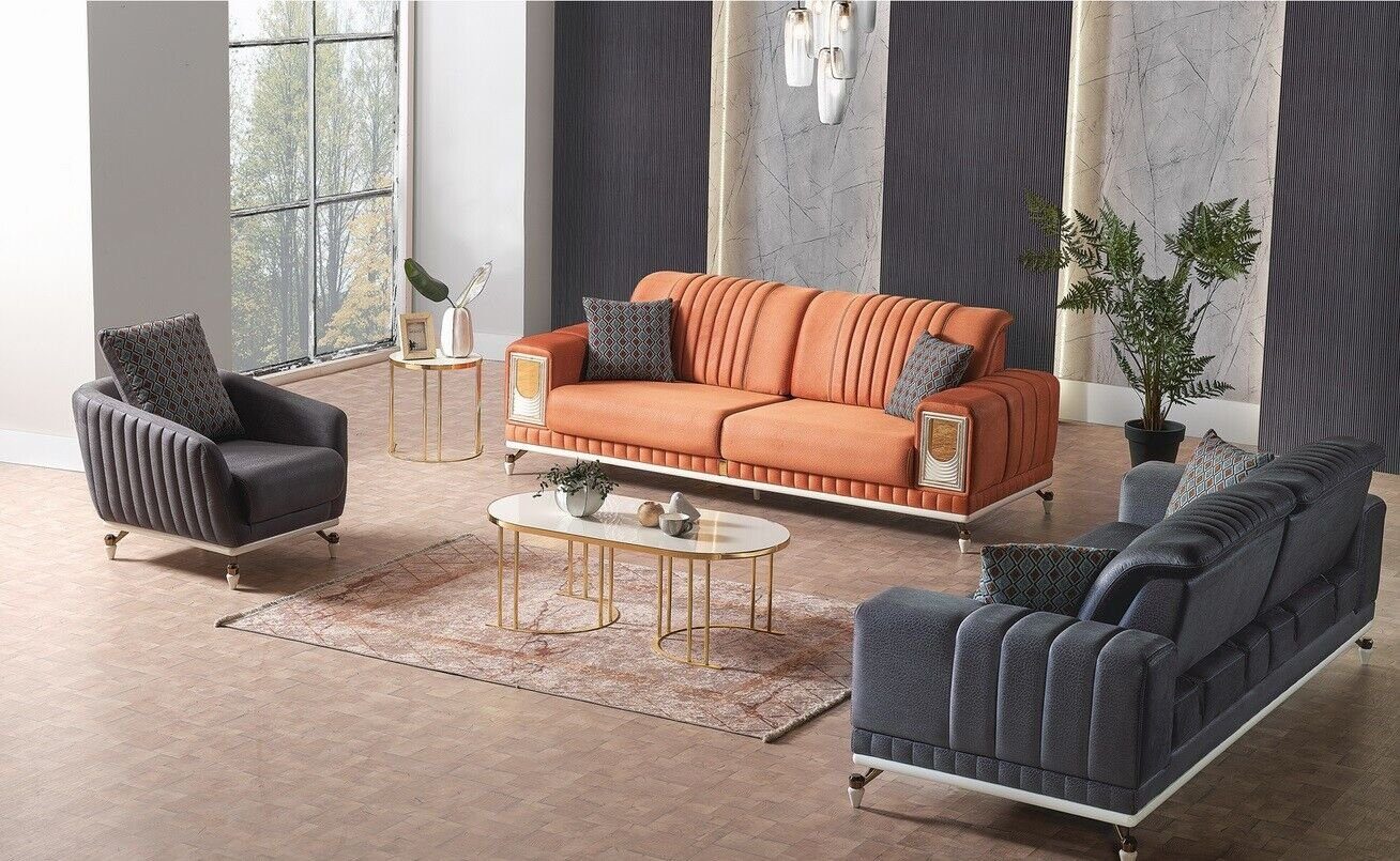 JVmoebel Wohnzimmer-Set Sofagarnitur 3+3+1 Sitzer Textil Holz Sofa 3 Sitzer Modern Sessel, (3-St., 2x Sofa 3 Sitzer + 1x Sessel), Made in Europa
