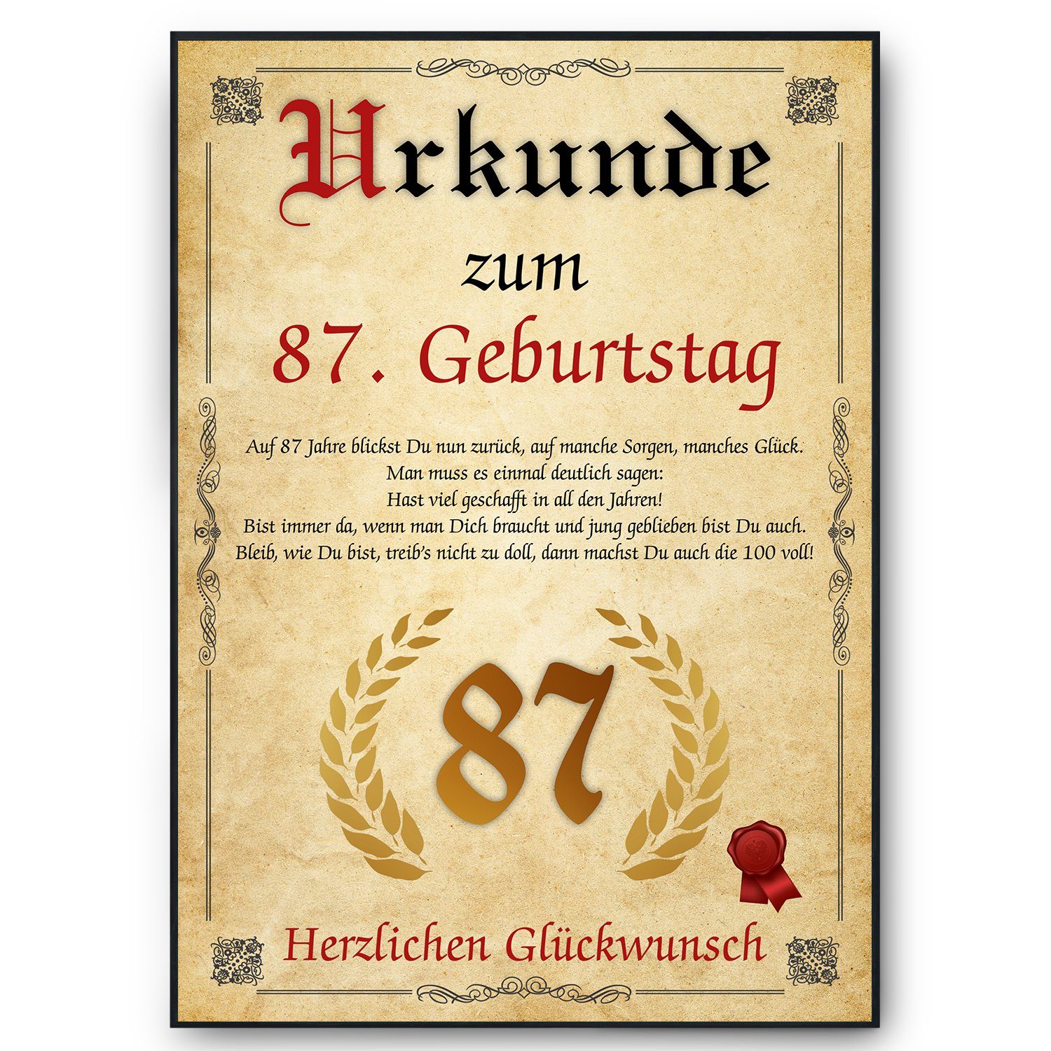 Tigerlino Poster Urkunde zum Geburtstag Mann Frau Geburtstagsgeschenk Geburtstagskarte, 87. Geburtstag Jahrgang 1939, Geburtstagsurkunde