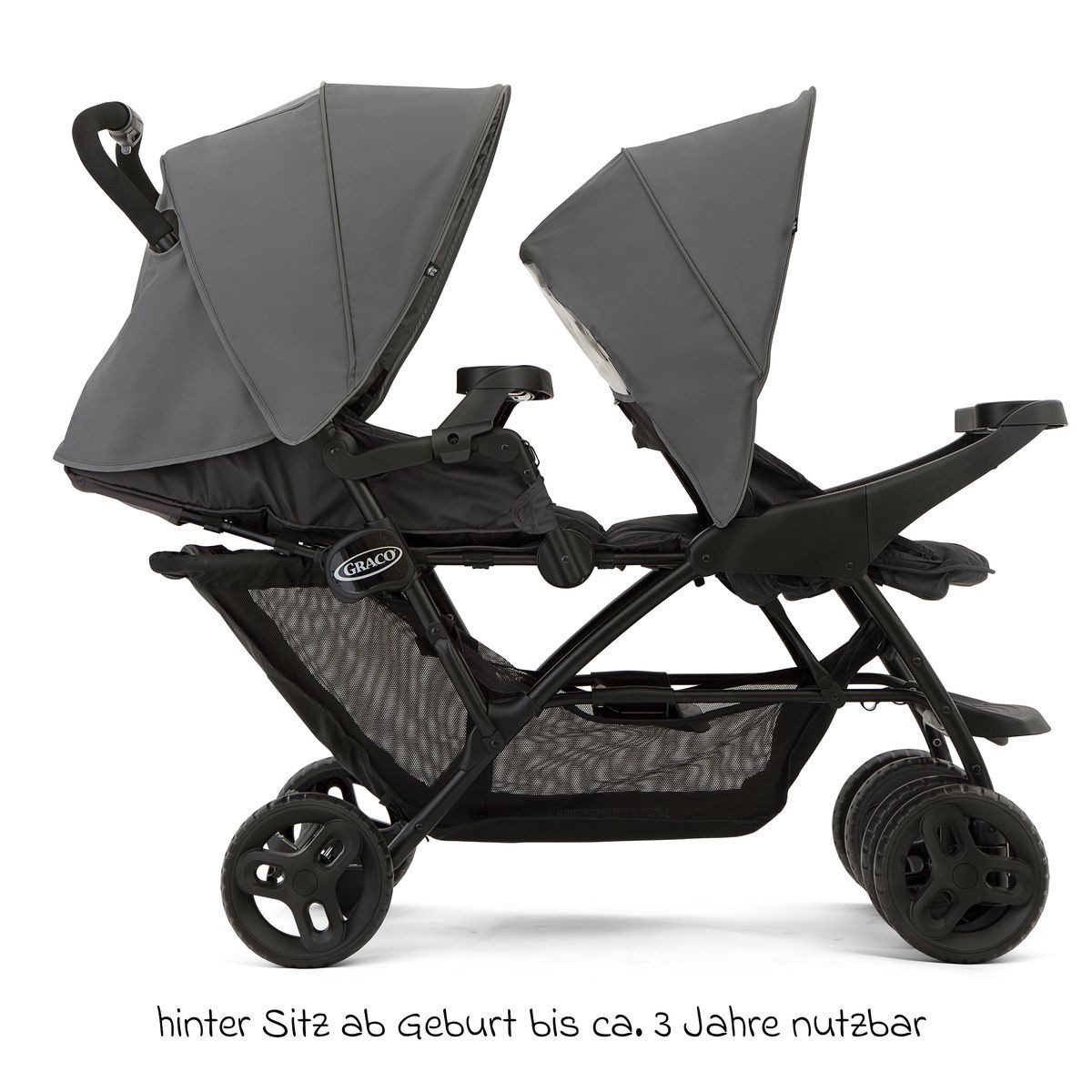 Graco Geschwisterwagen Stadium Duo - Titanium, Zwillingskinderwagen Geschwister Buggy Einhändig kompakt Faltbar