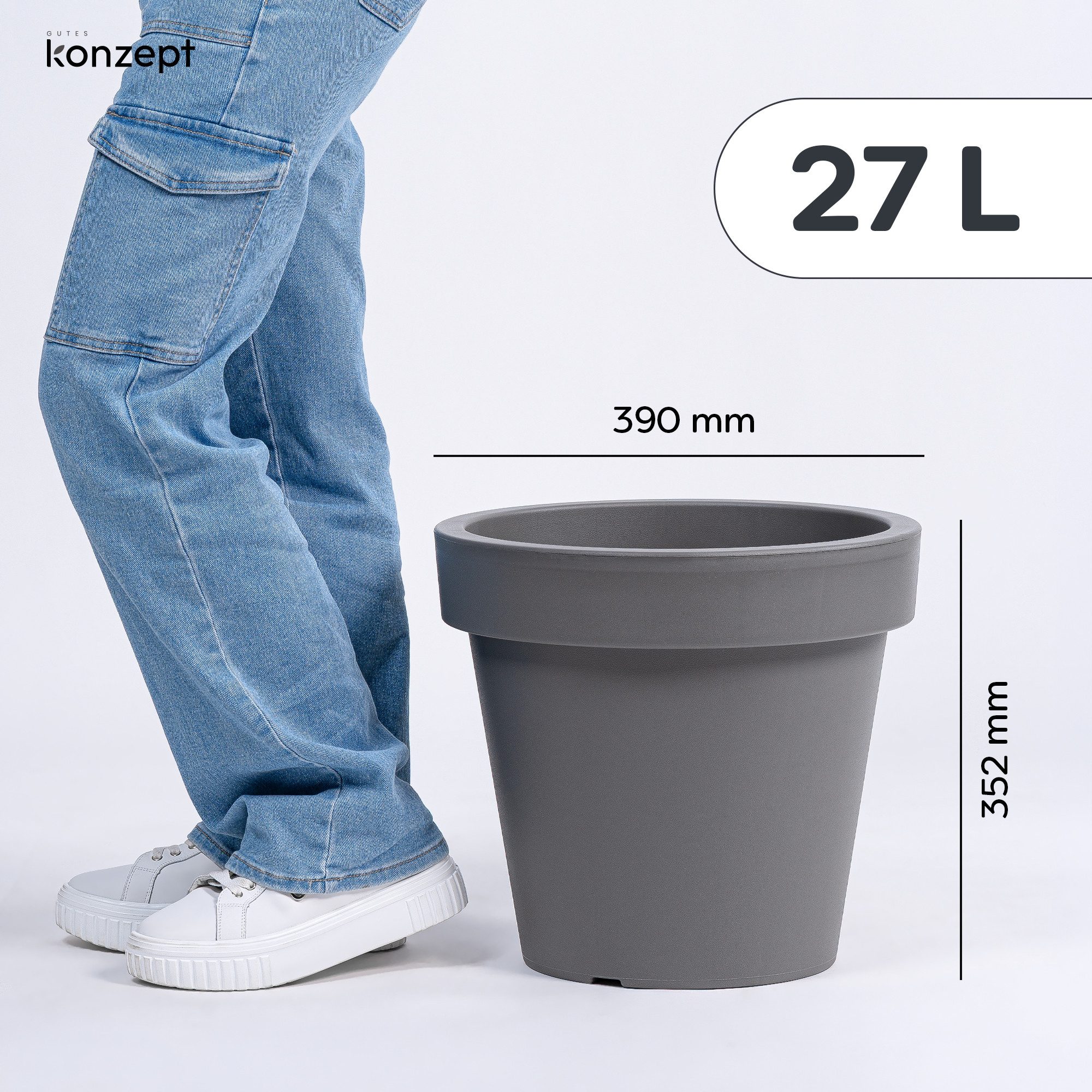 KONZEPT Blumentopf groß 39 cm Durchmesser, 27 L, aus Kunststoff in konischer Optik, Geprägtem Rand, Konische Form, Stapelbar, Volumen: 27,3 L