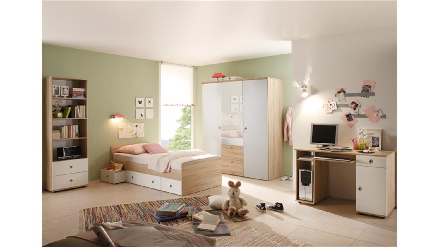 Bega Consult Jugendzimmer-Set Jugendzimmer Wiki 7-tlg Sonoma Eiche Dekor und Weiß, (7-tlg)