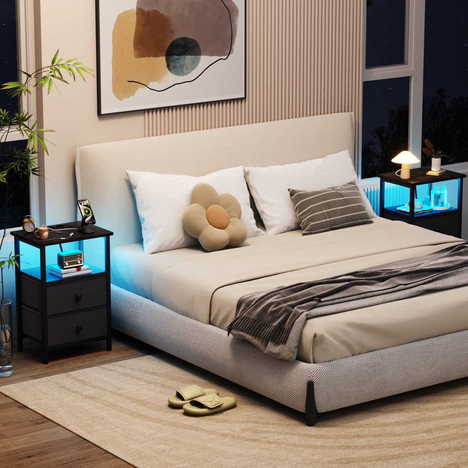 AMHANCIBLE Nachttisch 2er-Set mit integrierter Ladestation, LED-Beleuchtung & 2 Schubladen (2-St), multifunktionaler Beistelltisch mit offenem Fach, 40x30x60cm – Bild 4 von 5