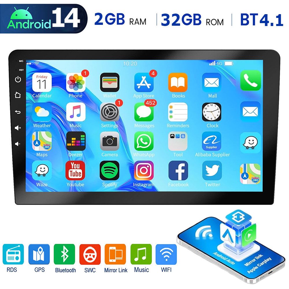 ESSGOO 9/10" DAB+ 4+64G Autoradio 2DIN Android 14 Carplay GPS Navi RDS Autoradio (Digitalradio (DAB), 4+64GB(optional), RDS, AM, FM, Carplay Android Auto Bluetooth EQ USB GPS Navi WIFI Touchscreen)