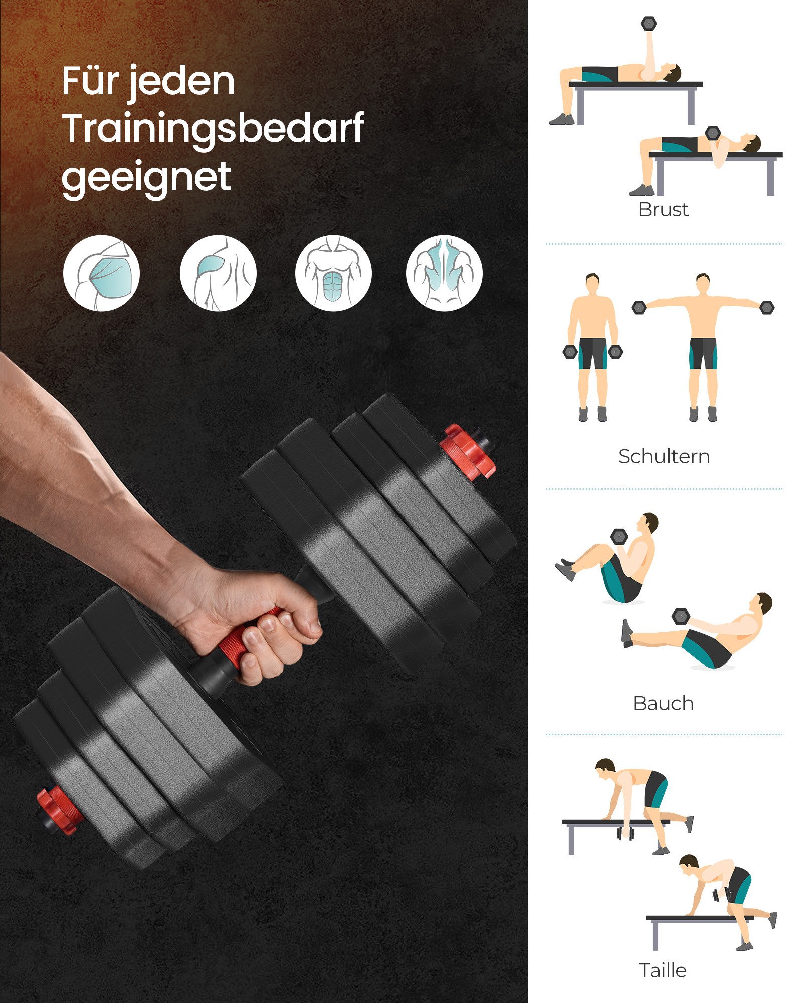 SONGMICS Hantel-Set Hanteln mit Verbindungsstange, Hexagon, Kurzhantelset, für Workout, Fitnesstraining, Gewichtheben für Zuhause, Fitnessstudio