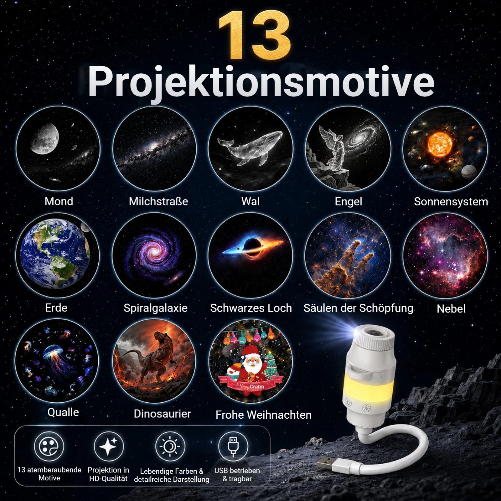 QUBEBU LED Nachtlicht Sternenhimmel Projektor USB Sternenprojektor mit 6 Projektionsfolien, Touch-Steuerung, LED fest integriert, Galaxy Starry Deckenprojektor  – Bild 2 von 5