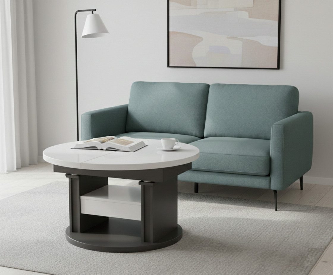 designimpex Couchtisch DA-999 rund ausziehbar höhenverstellbar mit Schublade Wohnzimmer Tisch, Funktionstisch, Wohnzimmertisch, Tisch, Esstisch, Sofatisch, Rollen